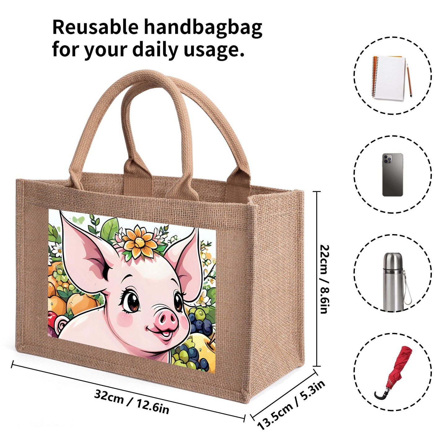 Pig Custom Reusable Jute Burlap Tote Bags