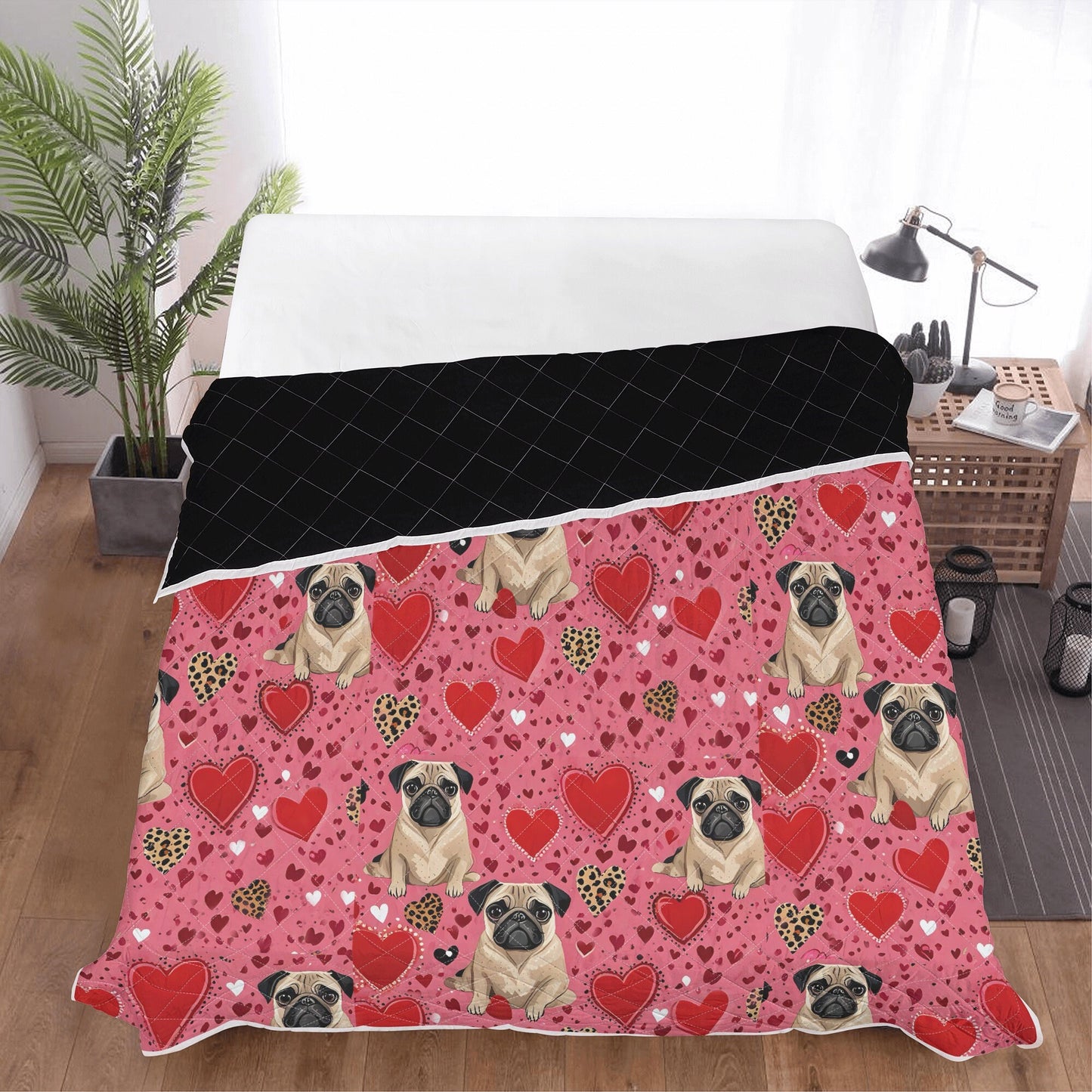 Pug hearts Print Quilt Bedding - Pink Pug Quilt