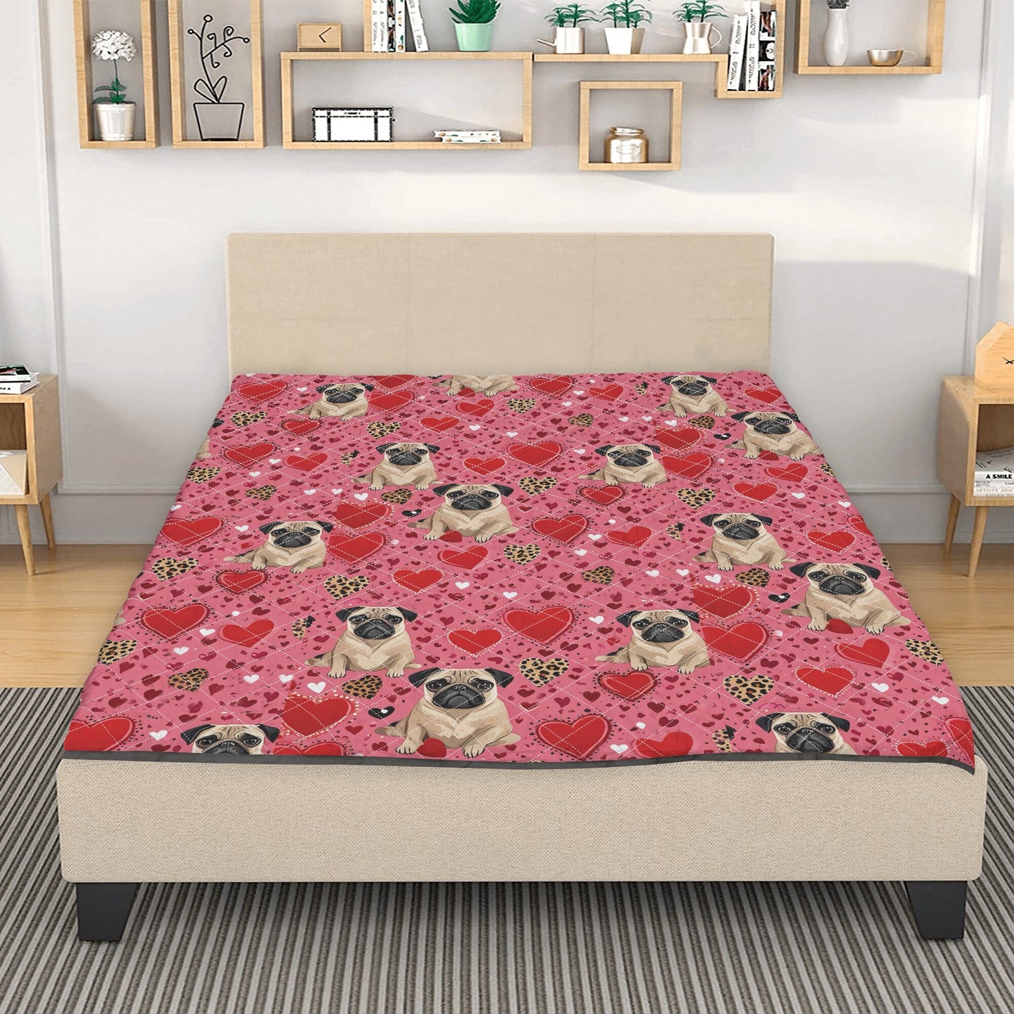 Pug hearts Print Quilt Bedding - Pink Pug Quilt