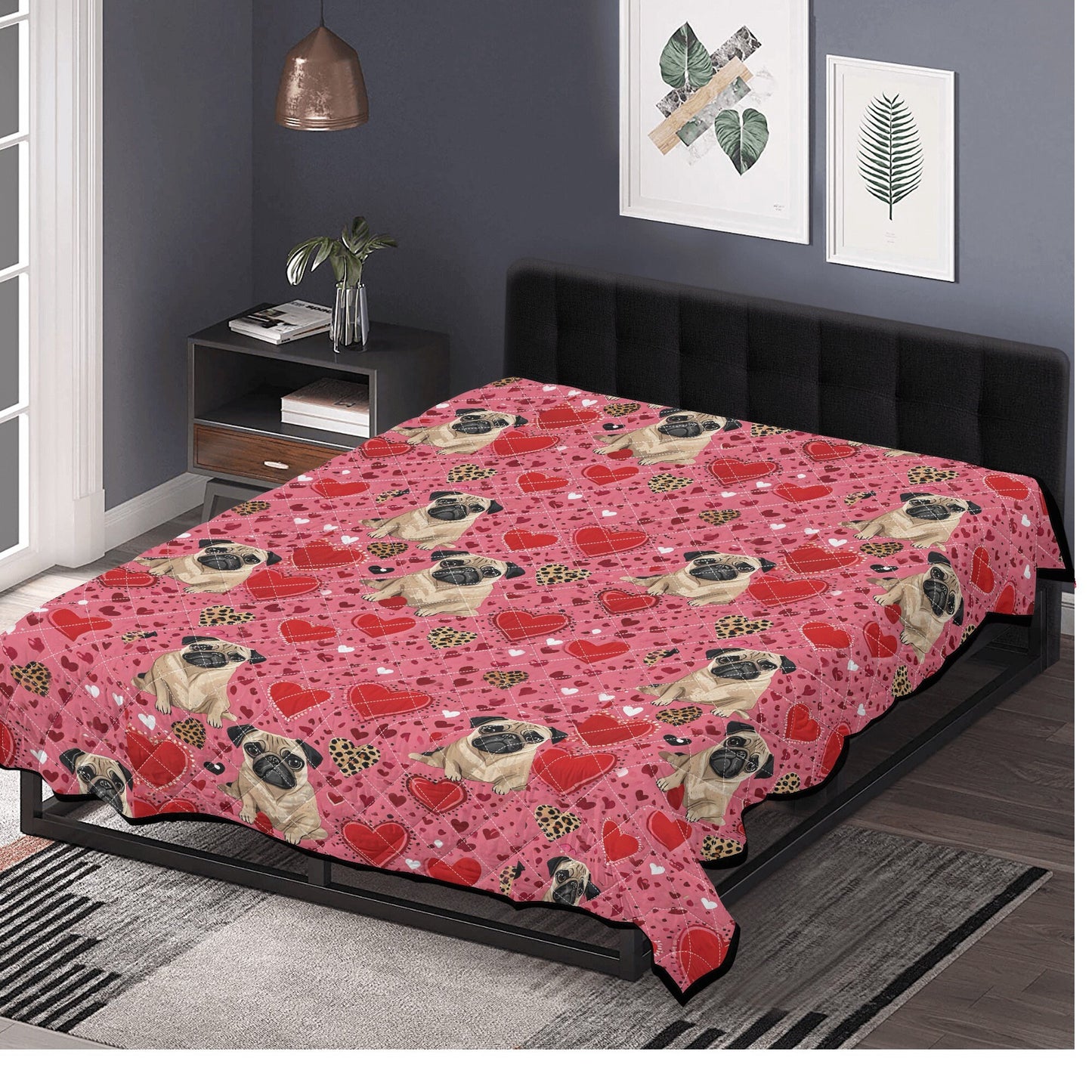 Pug hearts Print Quilt Bedding - Pink Pug Quilt