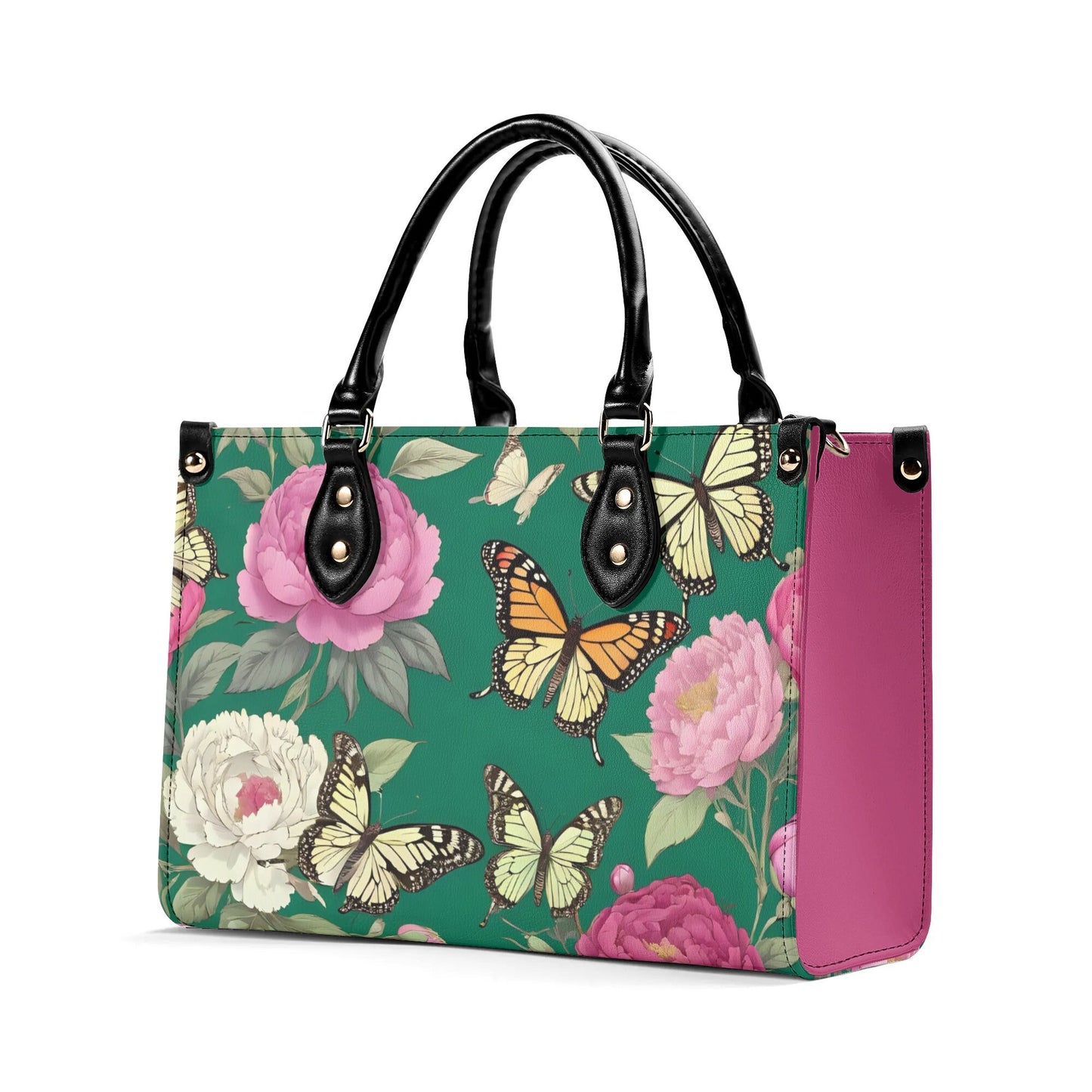 Butterflies flowers Women PU Leather Handbag, floral green and pink purse
