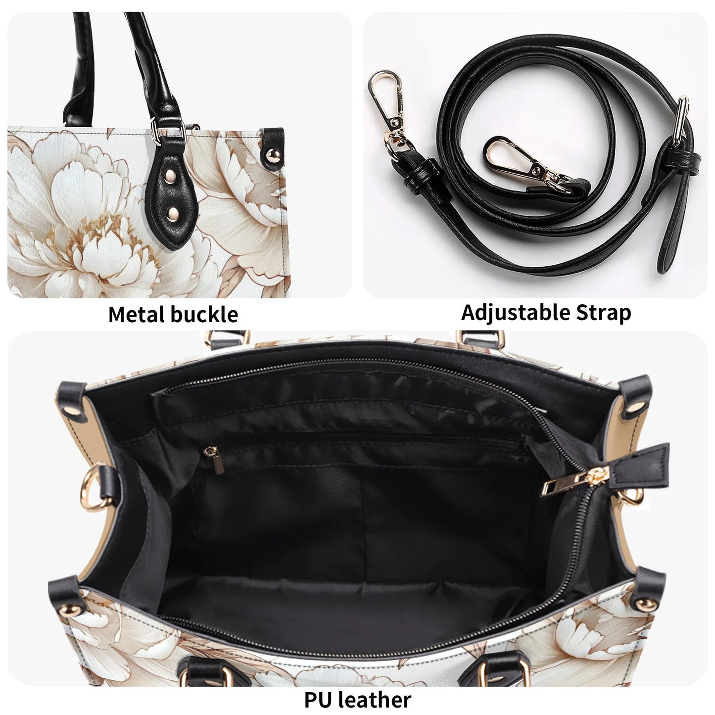 White and gold floral Women PU Leather Handbag, flower purse