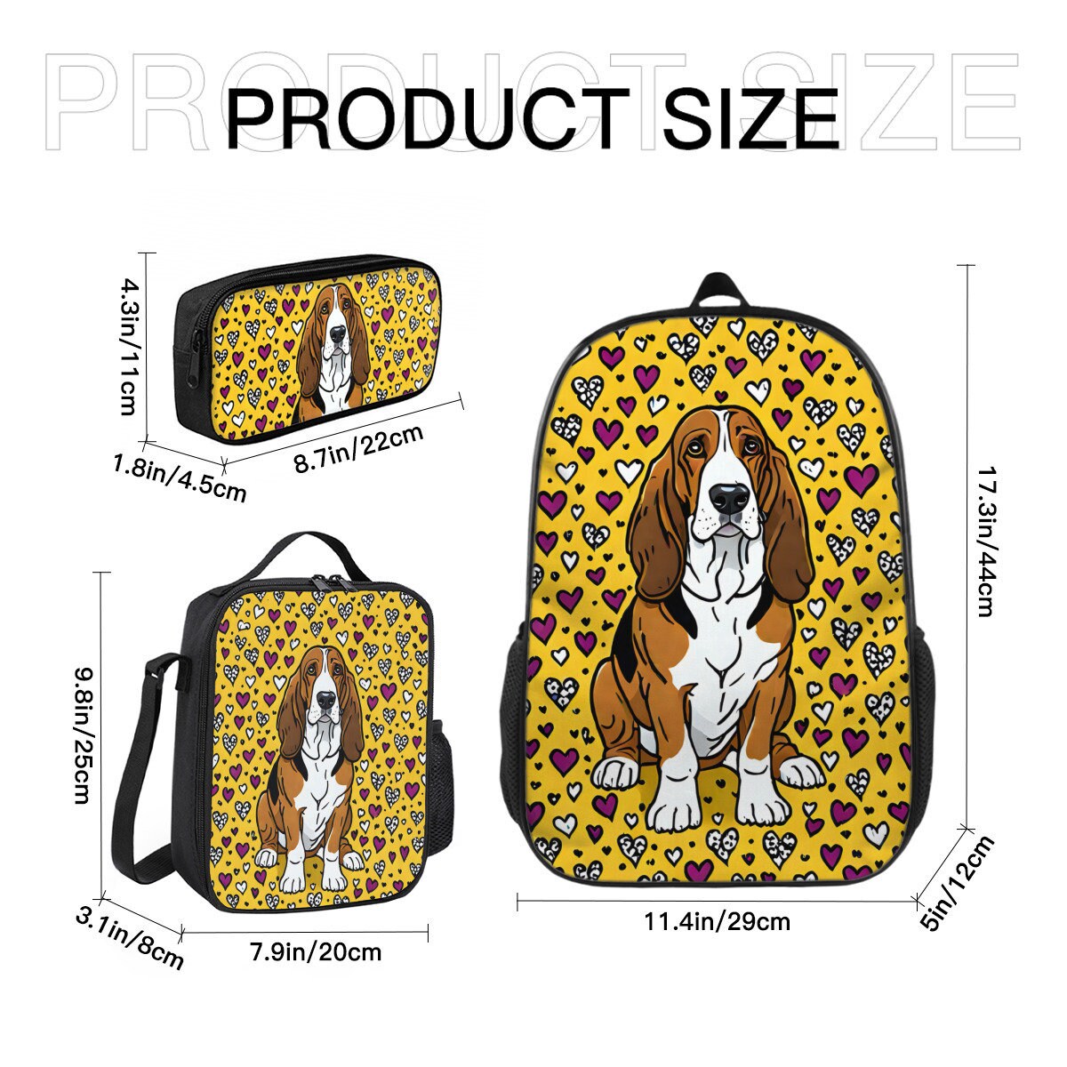 Basset Hound backpack, basset hound lunch bag, basset hound pencil bag