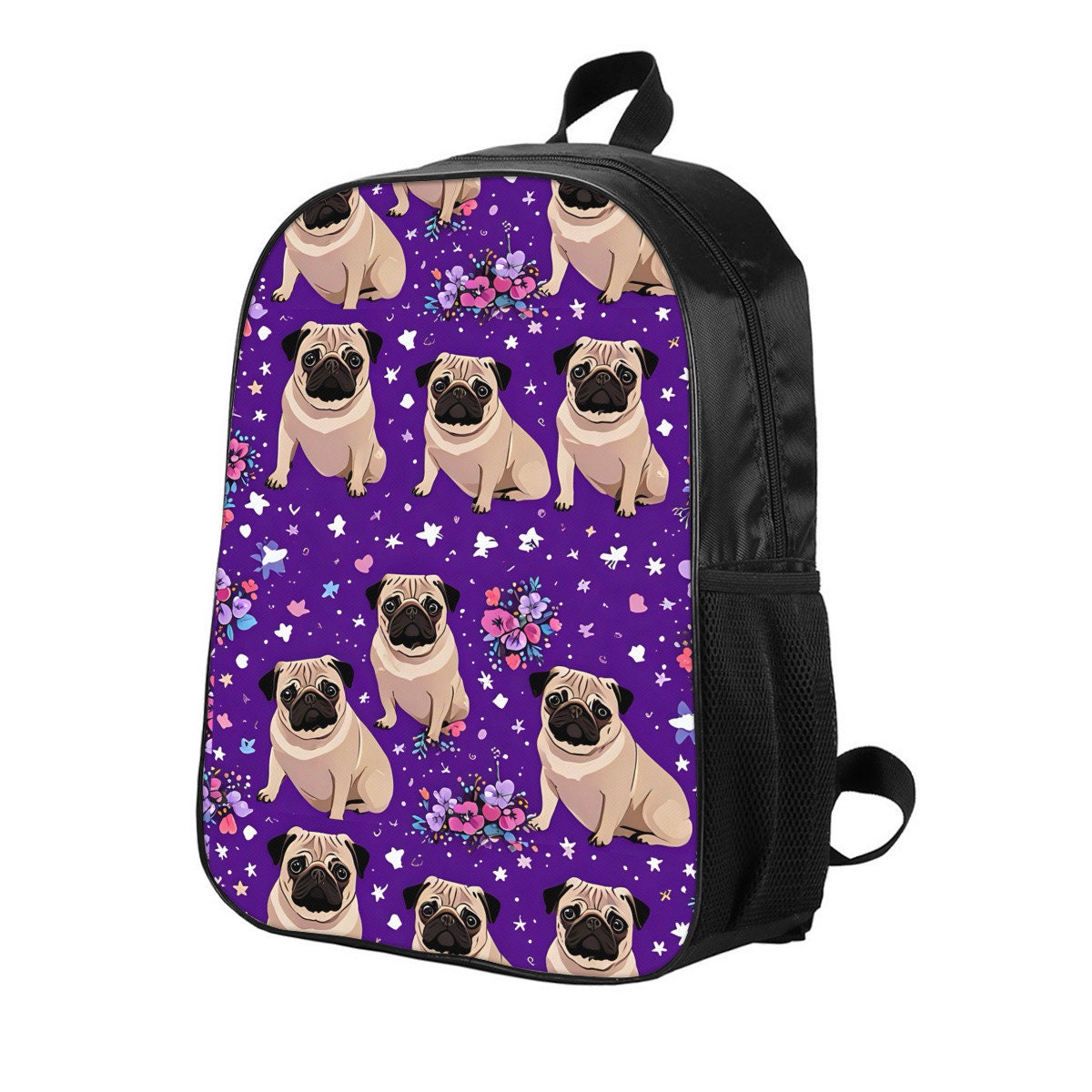 Purple Pug backpack, purple pug lunch bag, purple pug pencil case, school supplies