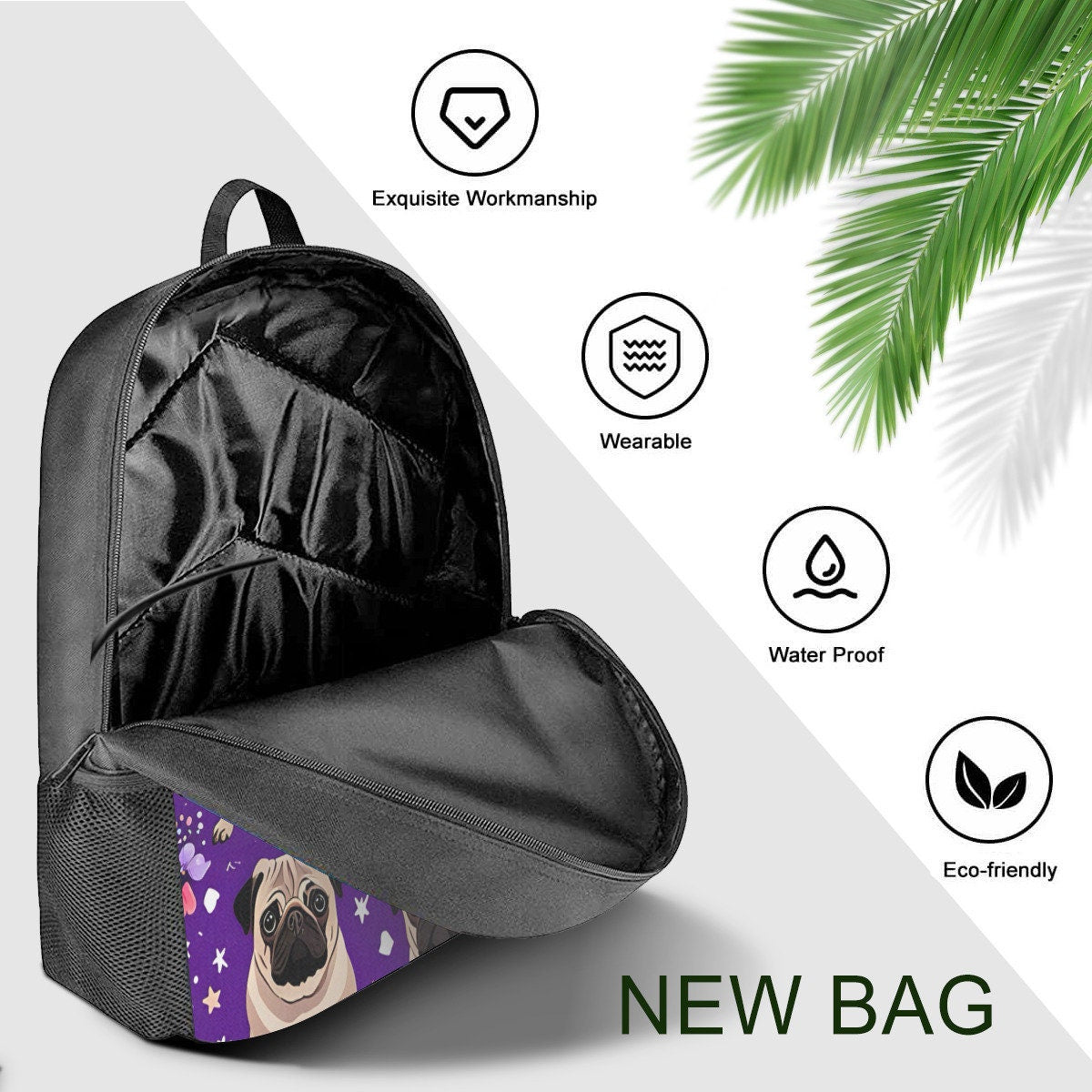 Purple Pug backpack, purple pug lunch bag, purple pug pencil case, school supplies