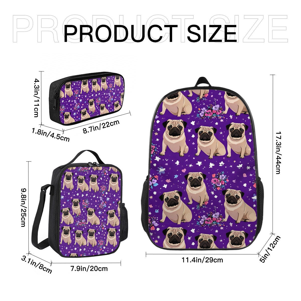 Purple Pug backpack, purple pug lunch bag, purple pug pencil case, school supplies