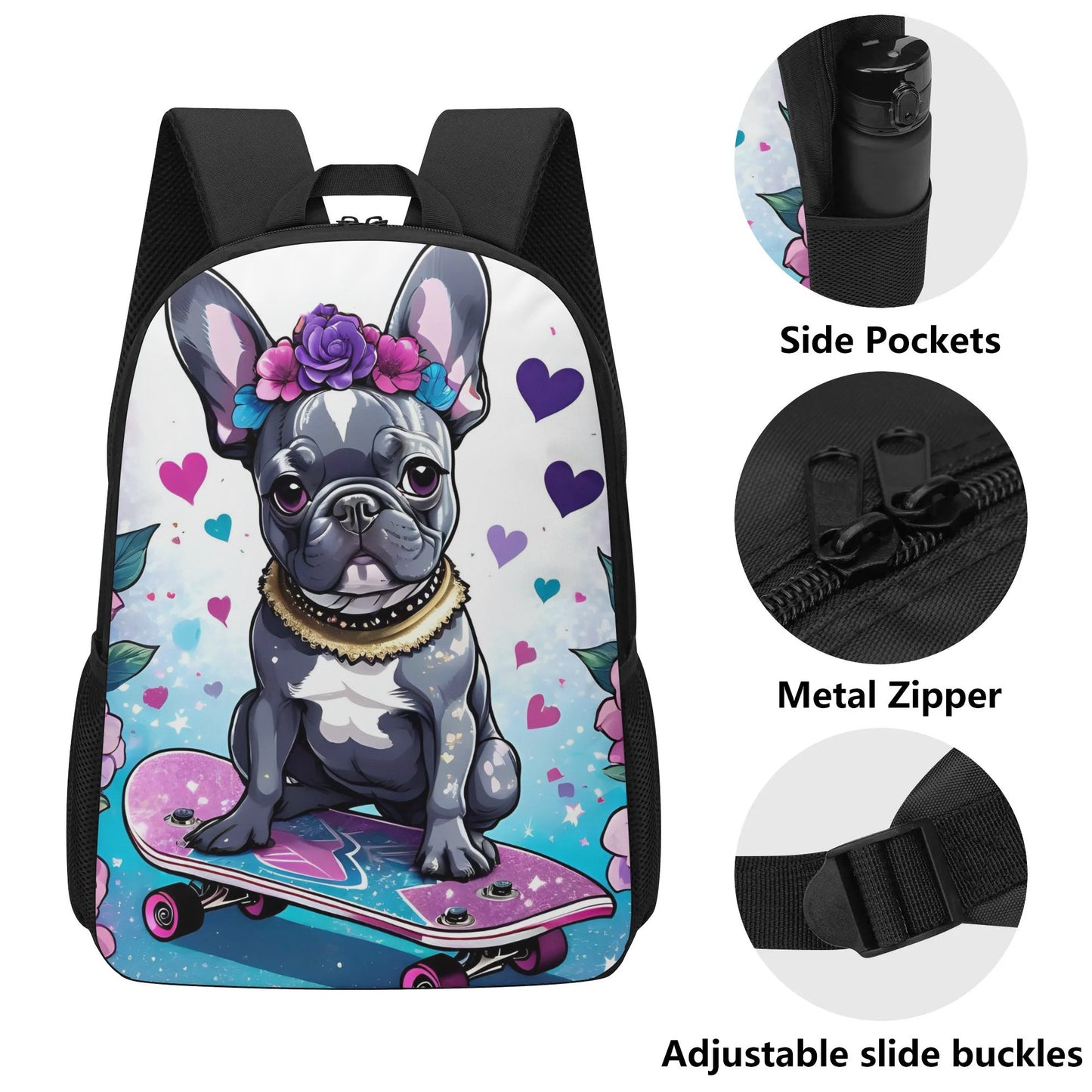 Frenchie 17 Inch School Backpack, French bulldog school bag, frenchie bulldog lover gift