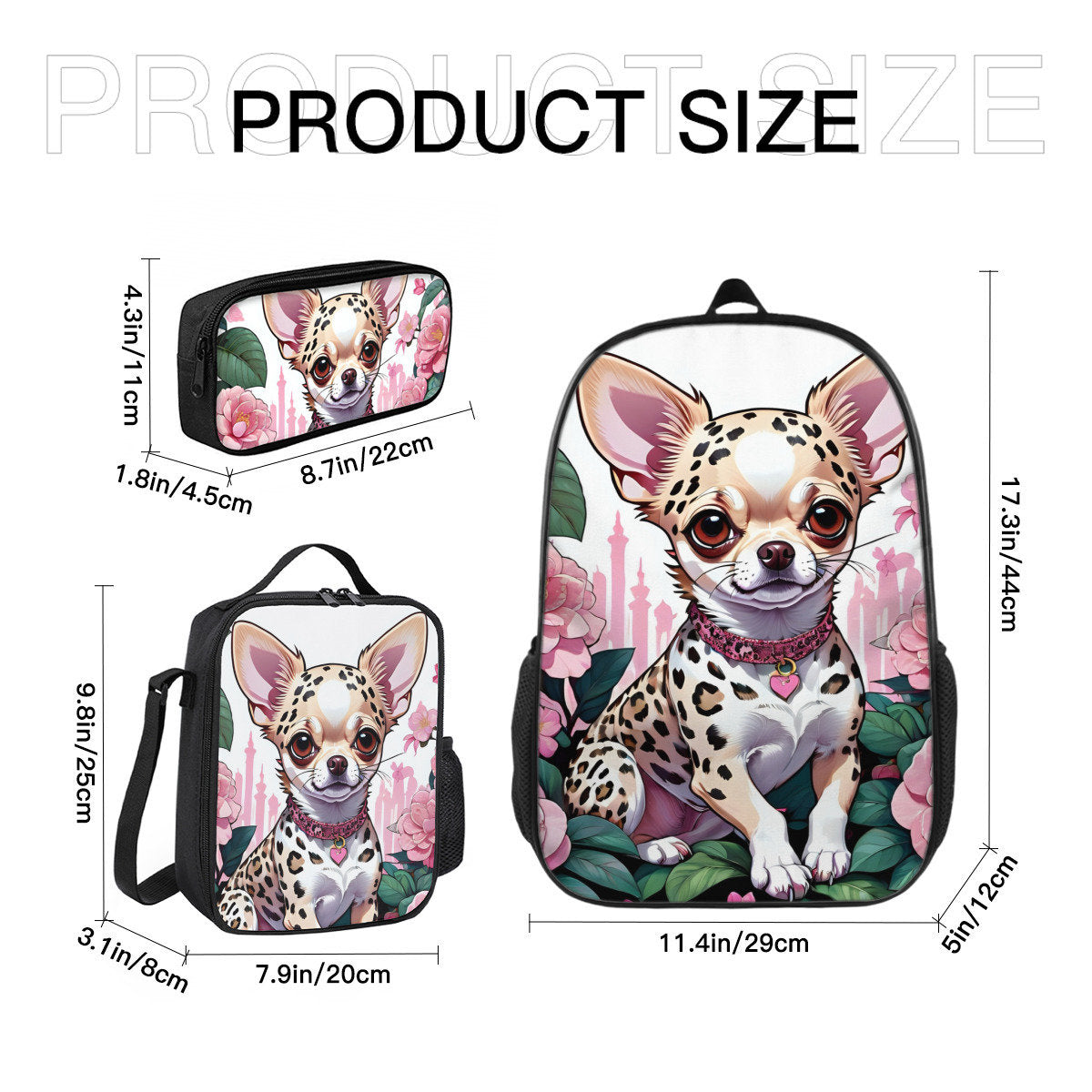 Chihuahua Backpack, chihuahua pencil case, chihuahua lunch bag, school supplies