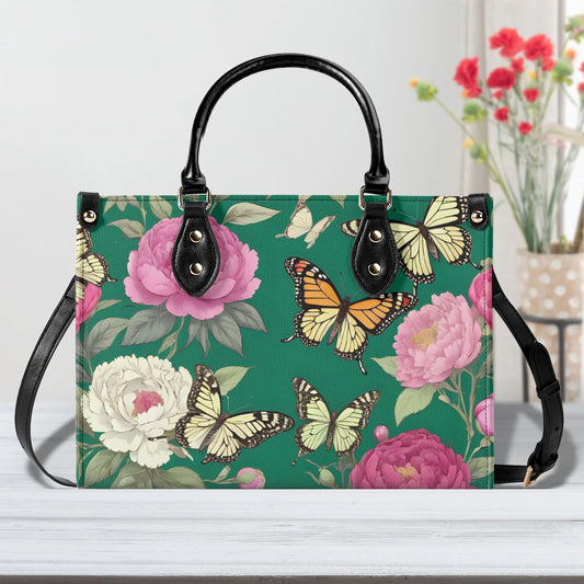 Butterflies flowers Women PU Leather Handbag, floral green and pink purse