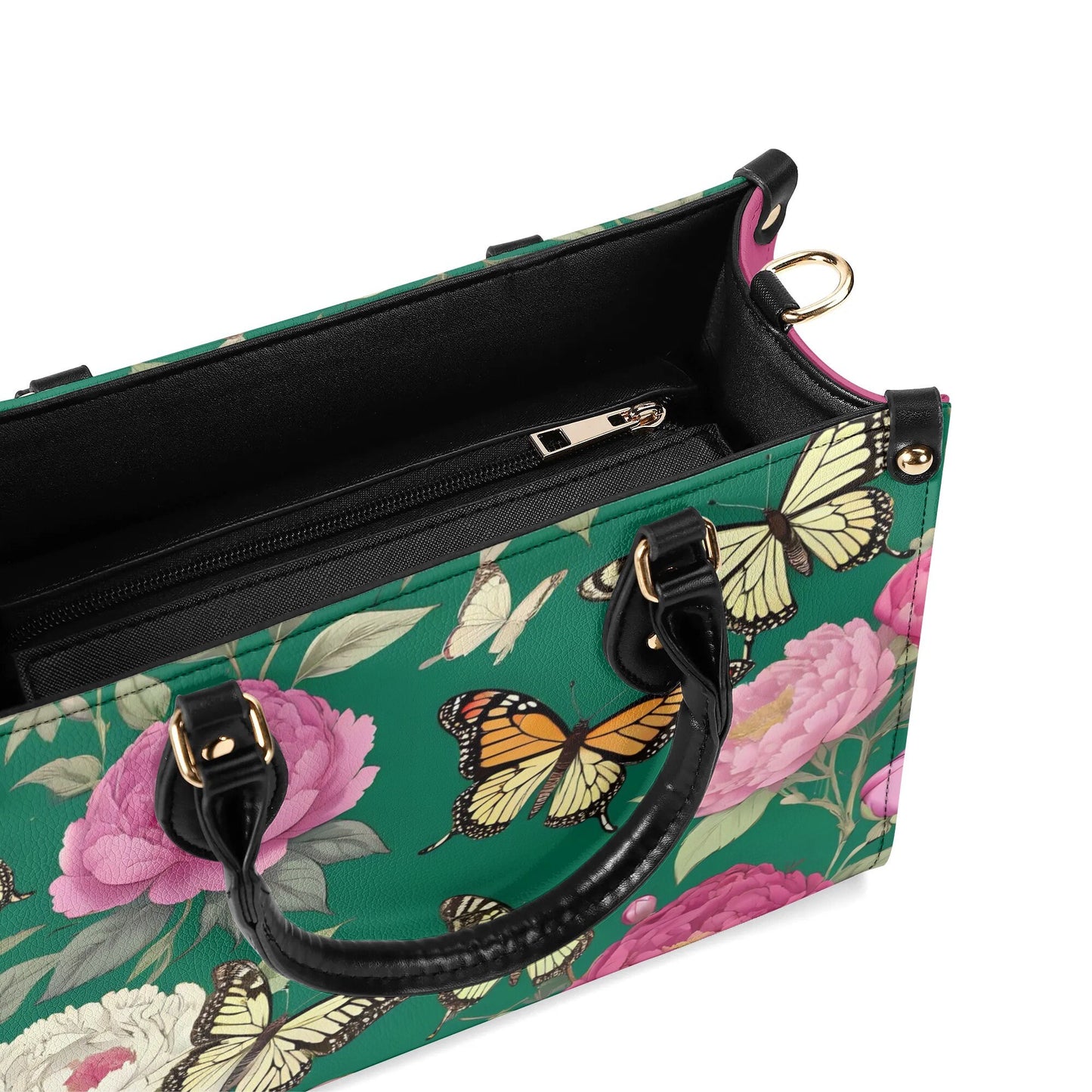 Butterflies flowers Women PU Leather Handbag, floral green and pink purse