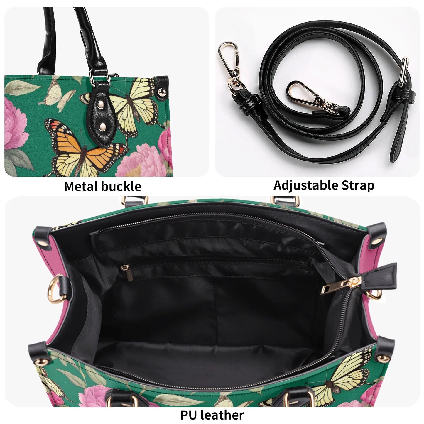 Butterflies flowers Women PU Leather Handbag, floral green and pink purse
