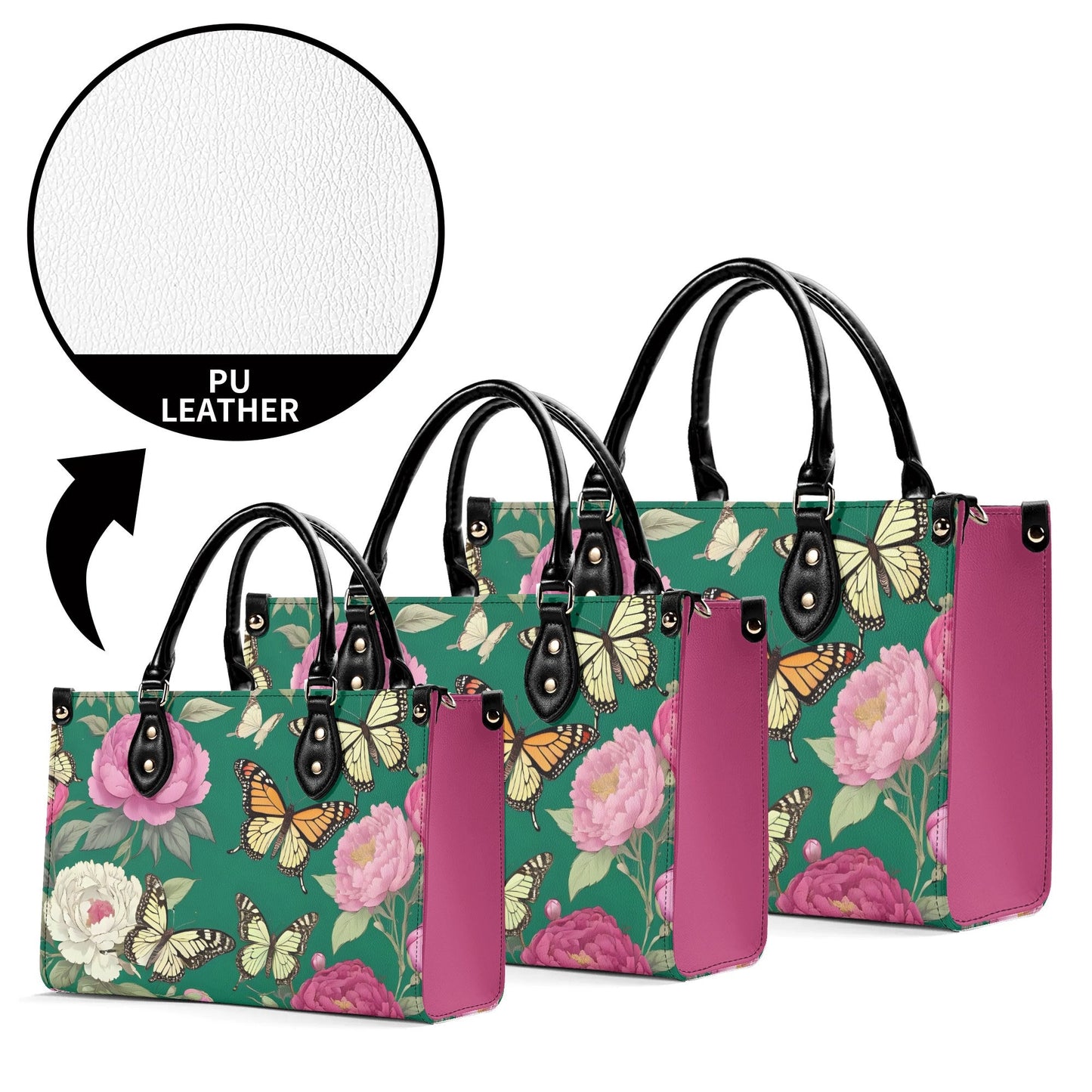 Butterflies flowers Women PU Leather Handbag, floral green and pink purse