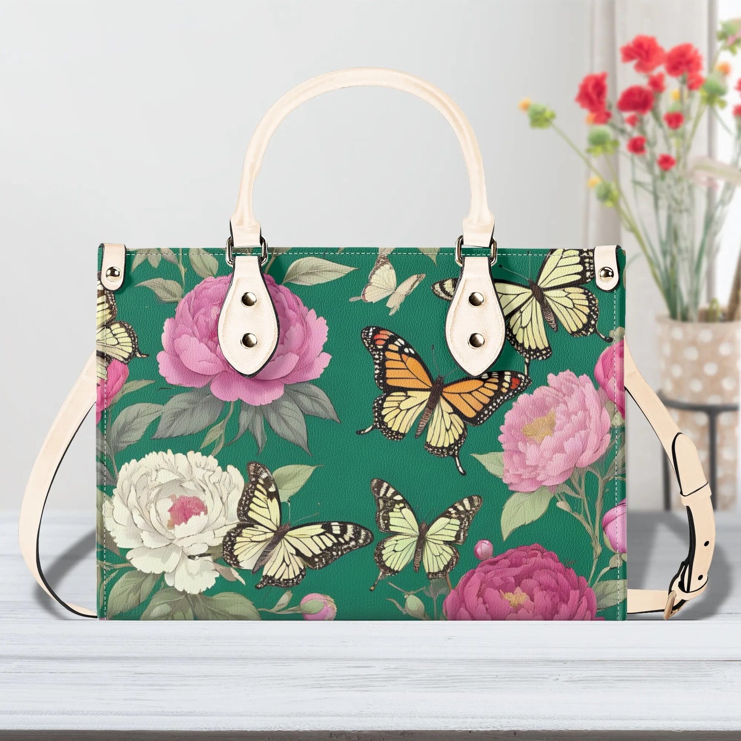 Butterflies flowers Women PU Leather Handbag, floral green and pink purse