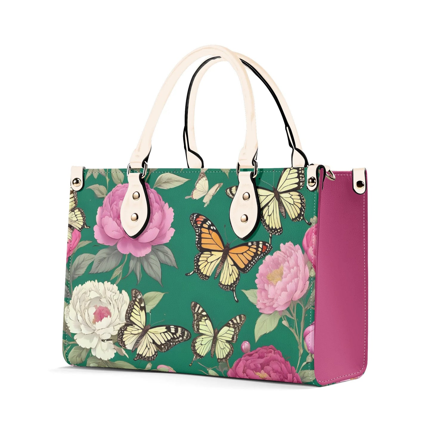 Butterflies flowers Women PU Leather Handbag, floral green and pink purse