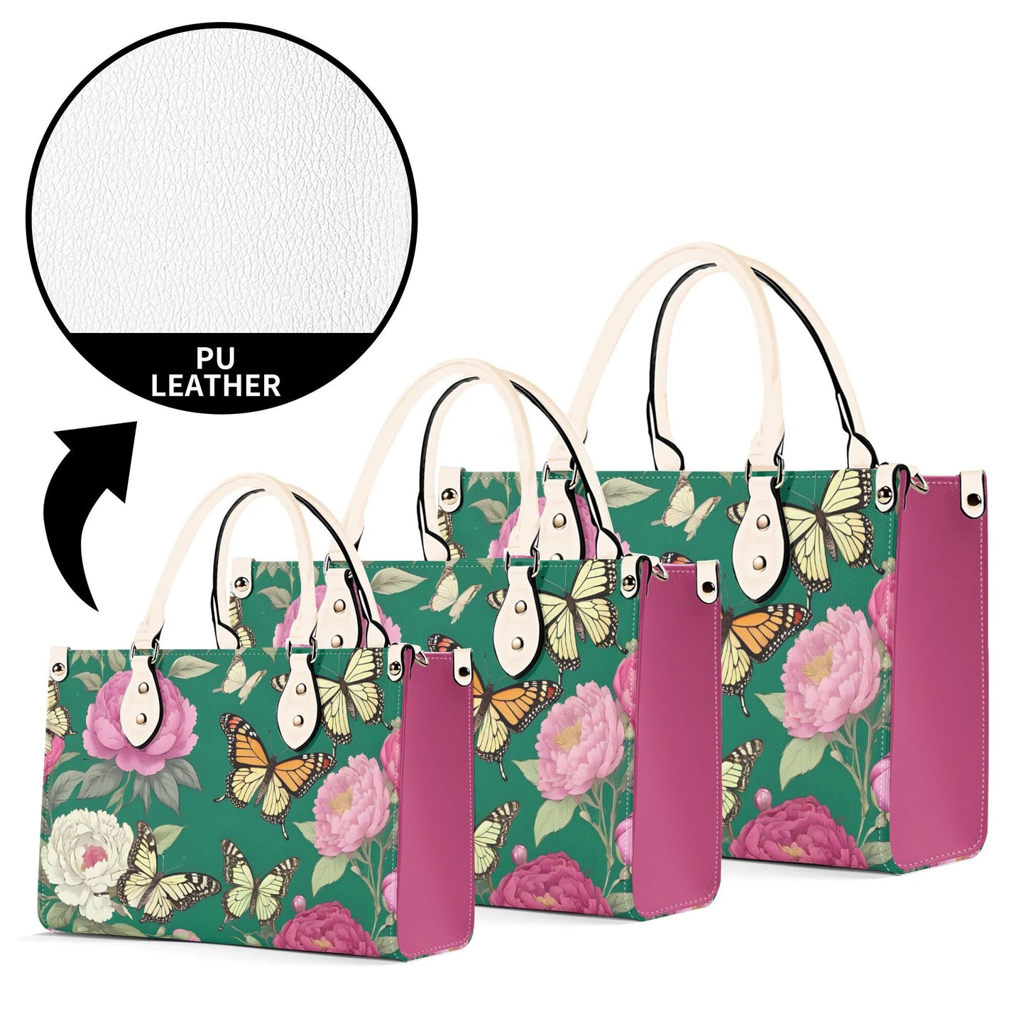 Butterflies flowers Women PU Leather Handbag, floral green and pink purse
