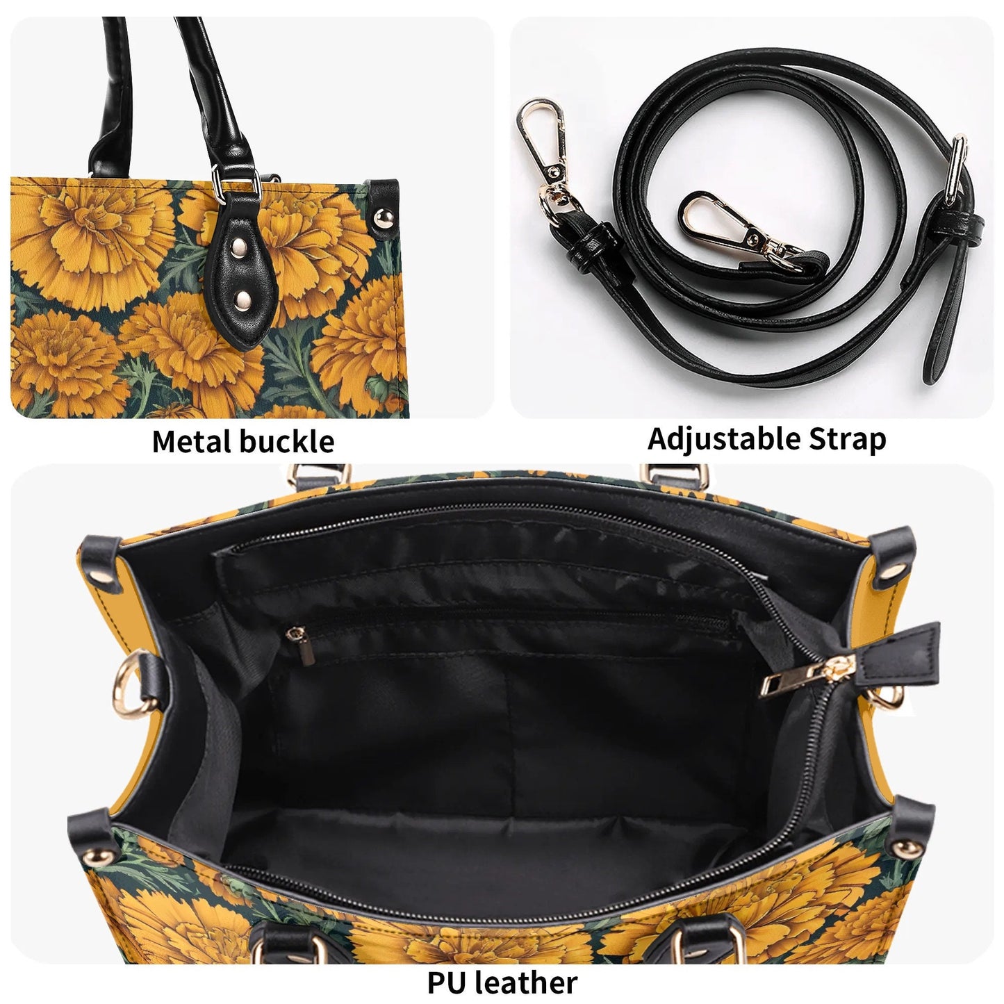 Marigold Women PU Leather Handbag, floral purse, marigold bag
