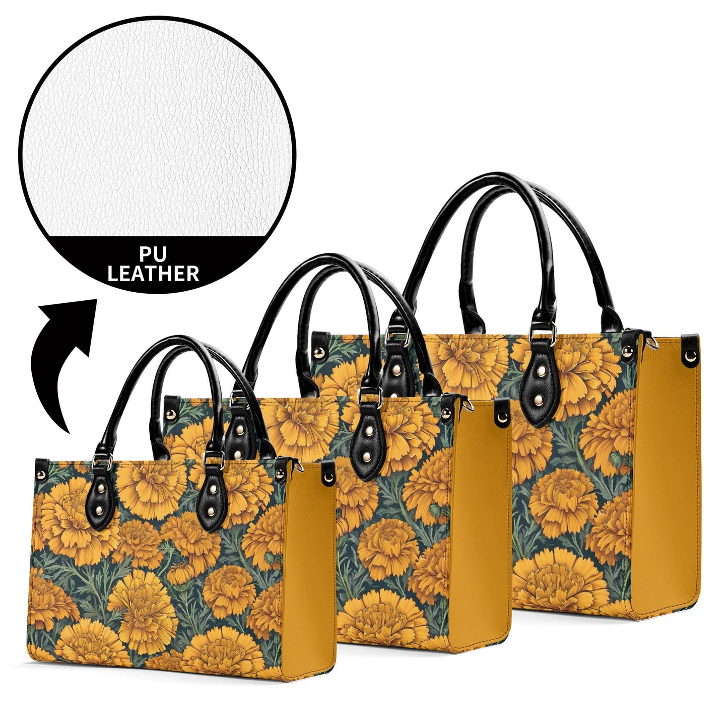 Marigold Women PU Leather Handbag, floral purse, marigold bag