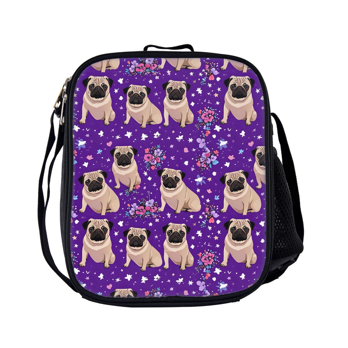 Purple Pug backpack, purple pug lunch bag, purple pug pencil case, school supplies