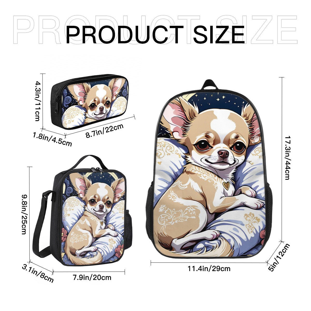 Chihuahua backpack, Chihuahua pencil case, Chihuahua lunch bag