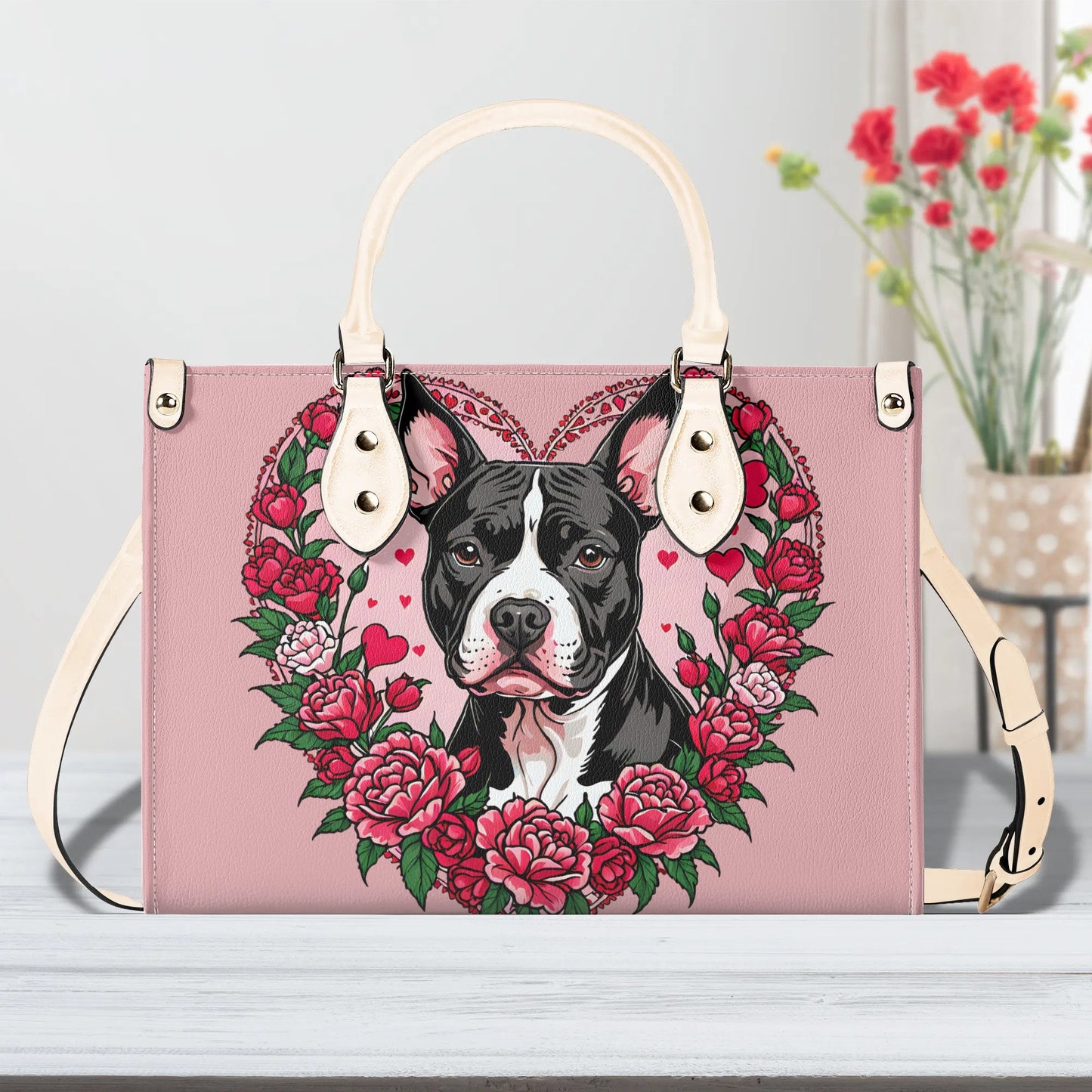 Pitbull Heart Pink Women PU Leather Handbag