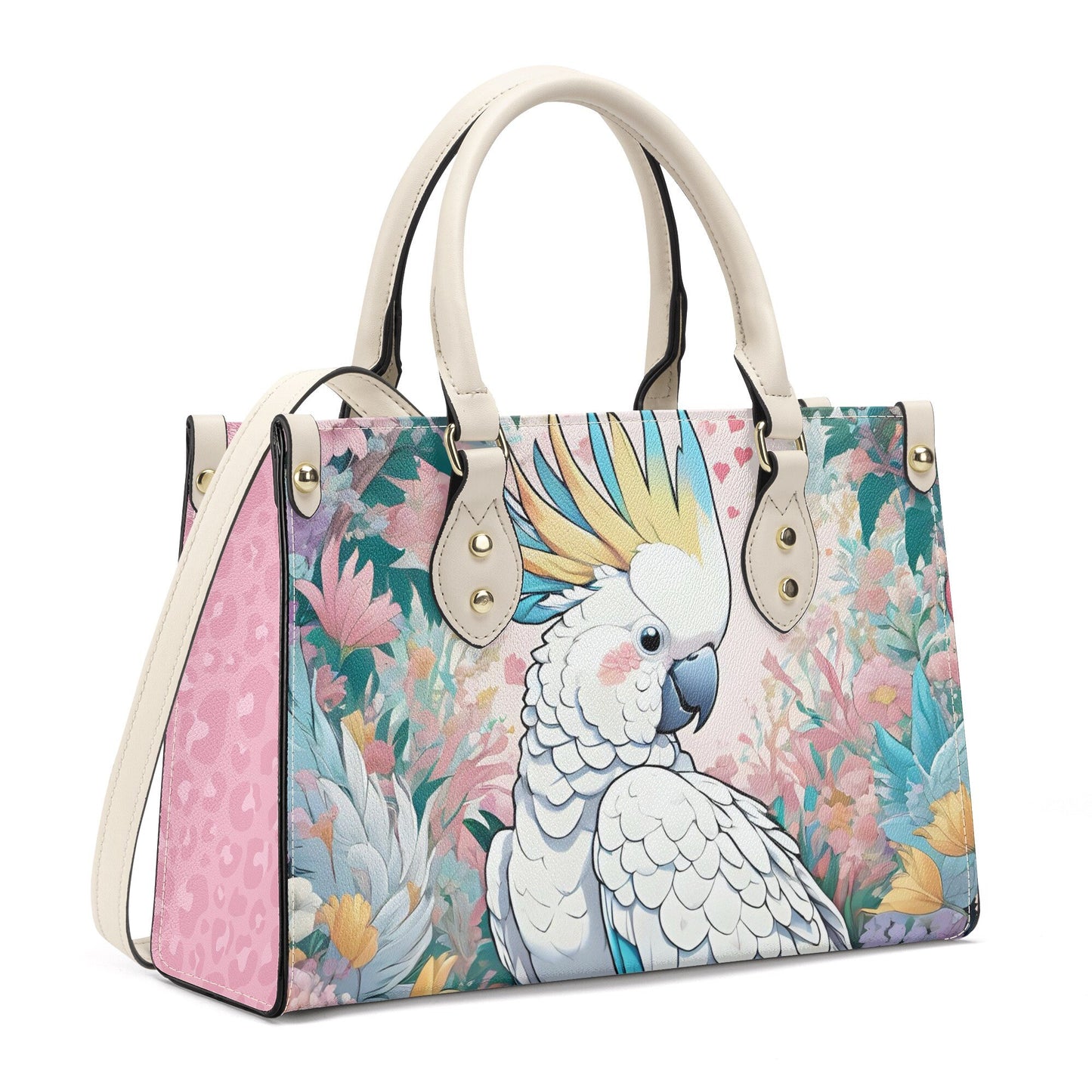 Cockatoo Parrot Comfortable PU Leather Handbag For Her,Durable Faux Leather Cross-body For Girls,Functional Tote Bag Office