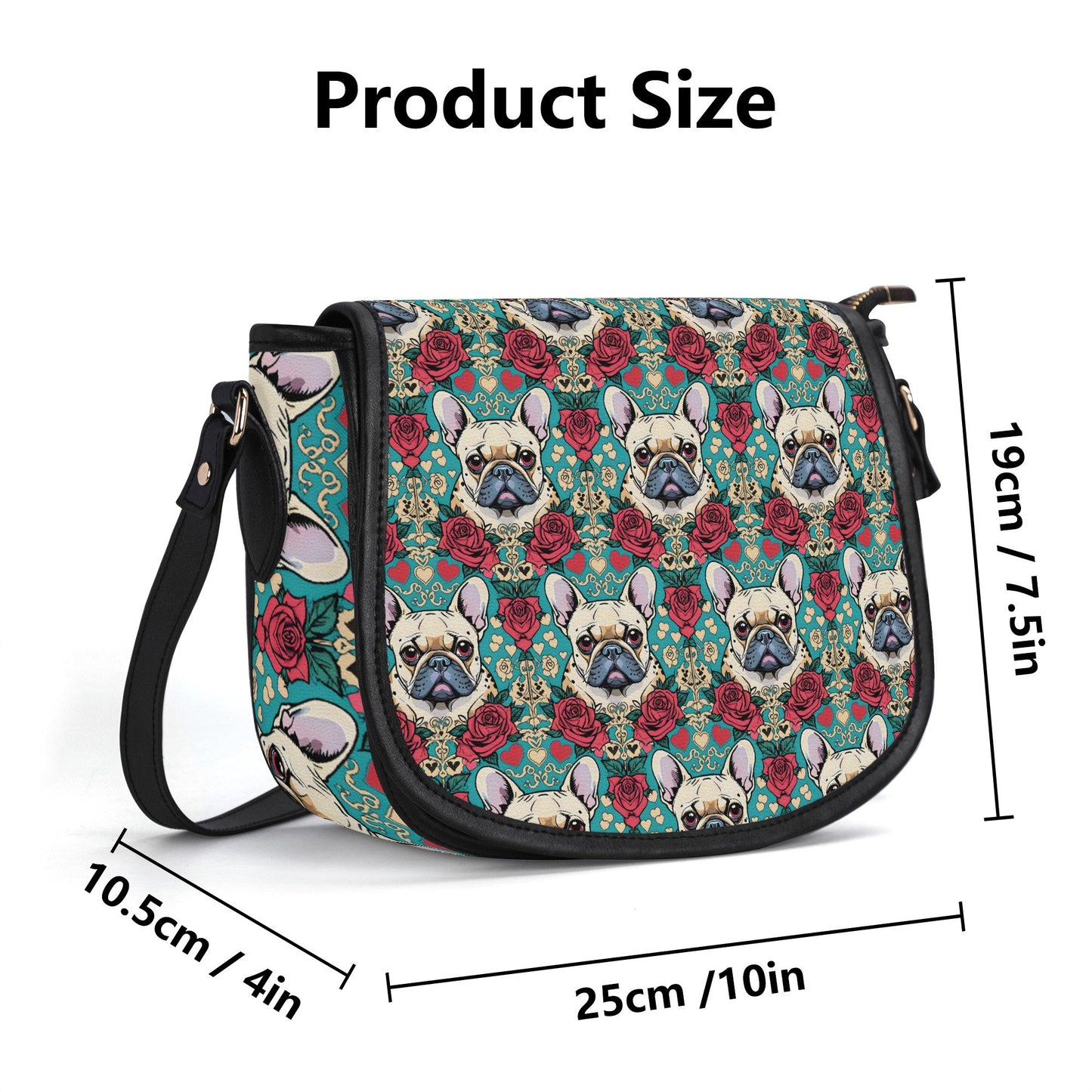 frenchie french bulldog PU Leather Saddle Bag with roses and hearts