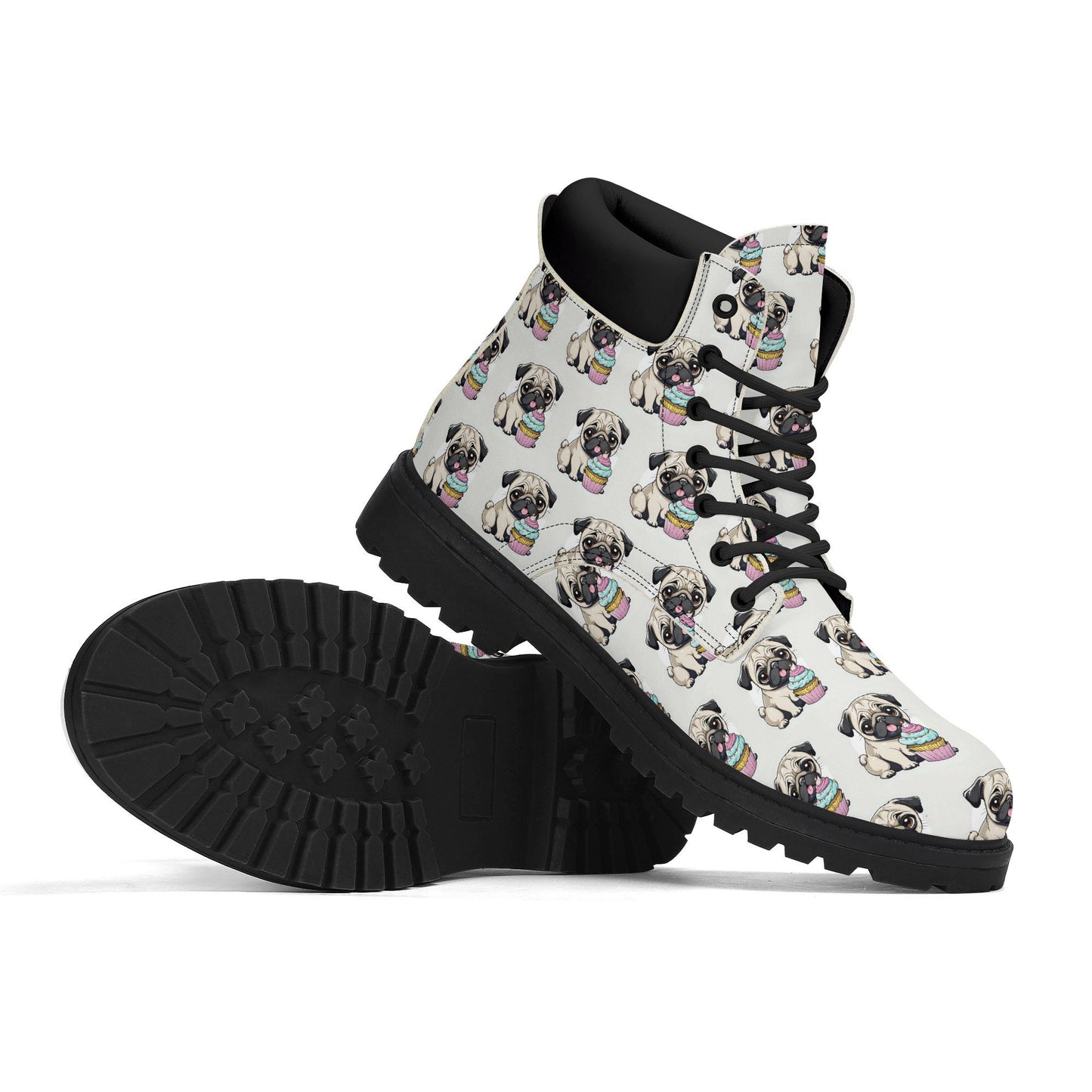 Pug cupcake Women's Black Outsole Leather All Season Boots