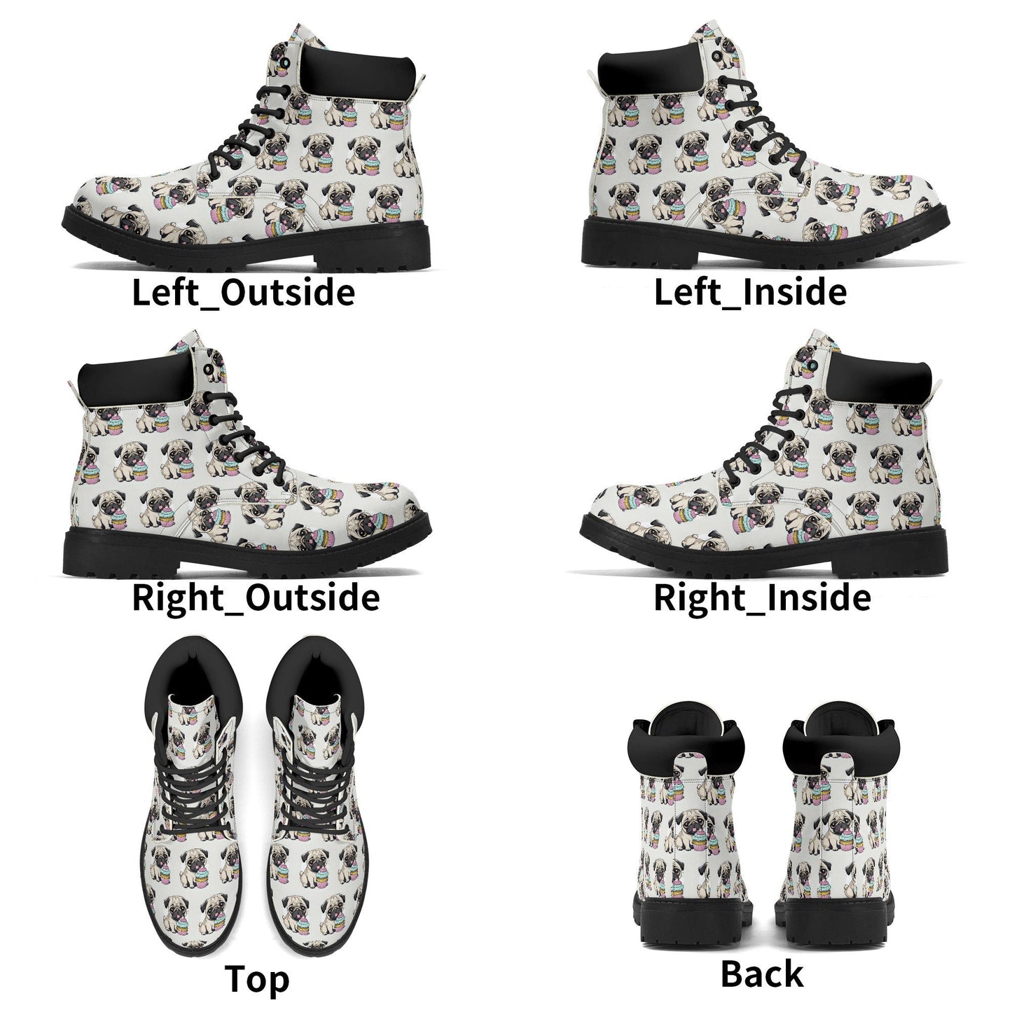 Pug cupcake Women's Black Outsole Leather All Season Boots