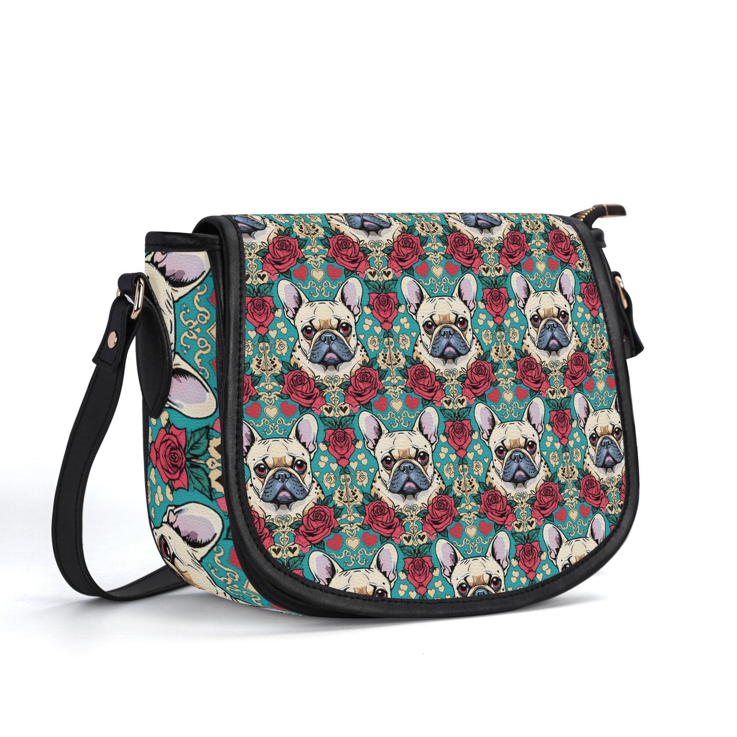 frenchie french bulldog PU Leather Saddle Bag with roses and hearts