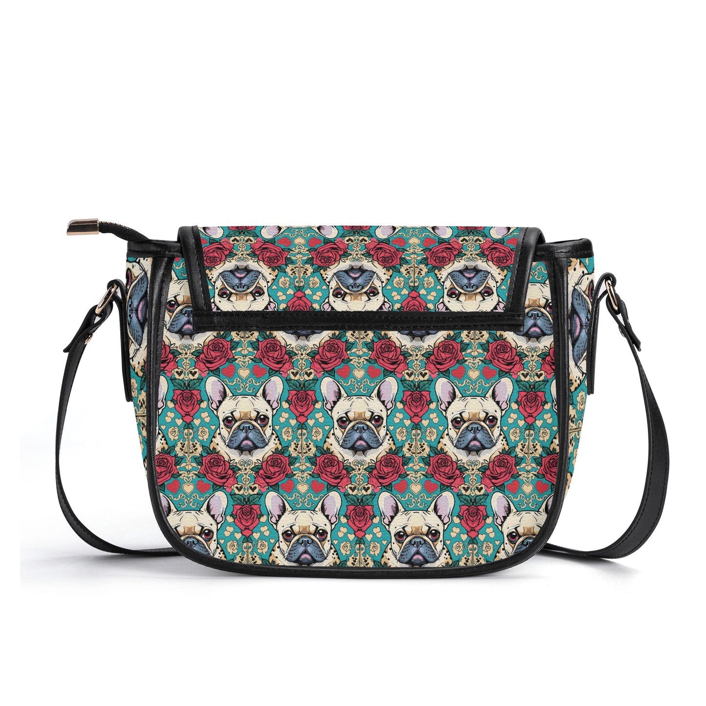 frenchie french bulldog PU Leather Saddle Bag with roses and hearts