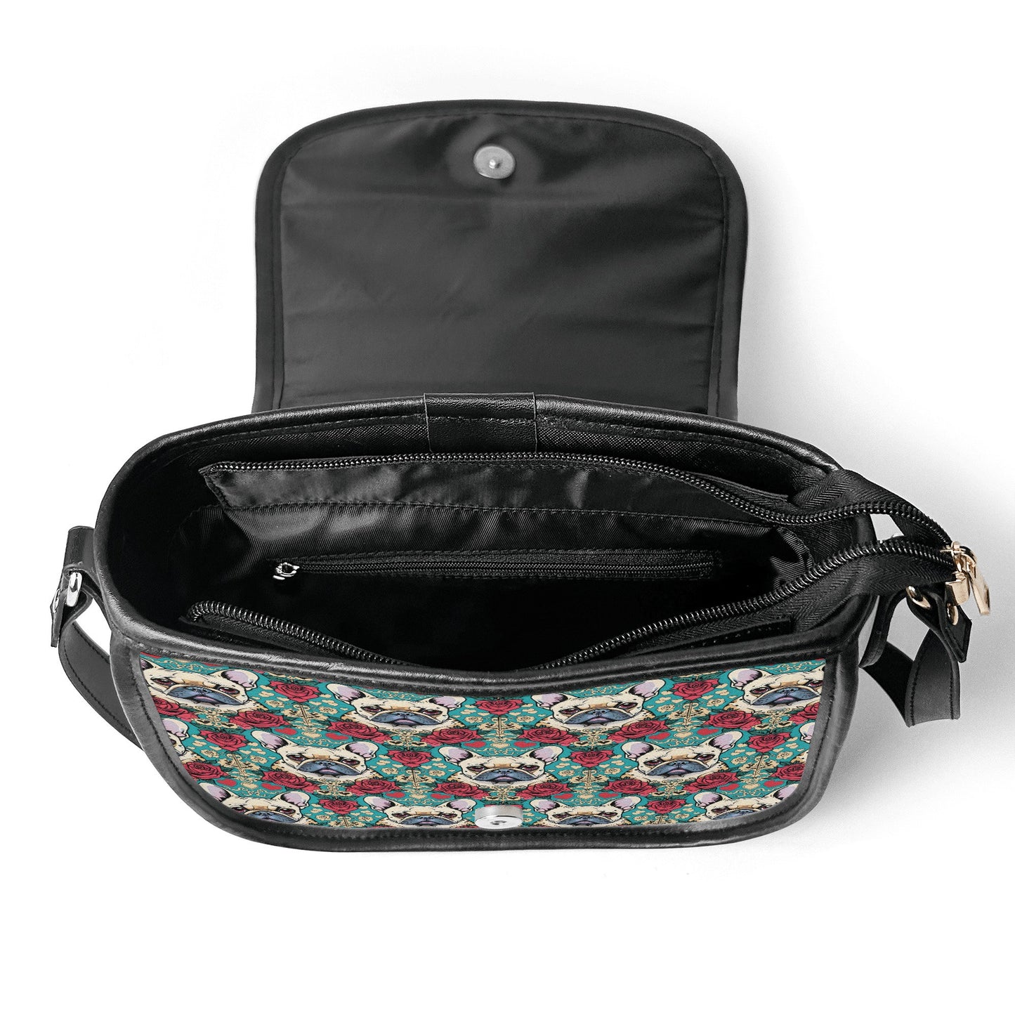 frenchie french bulldog PU Leather Saddle Bag with roses and hearts