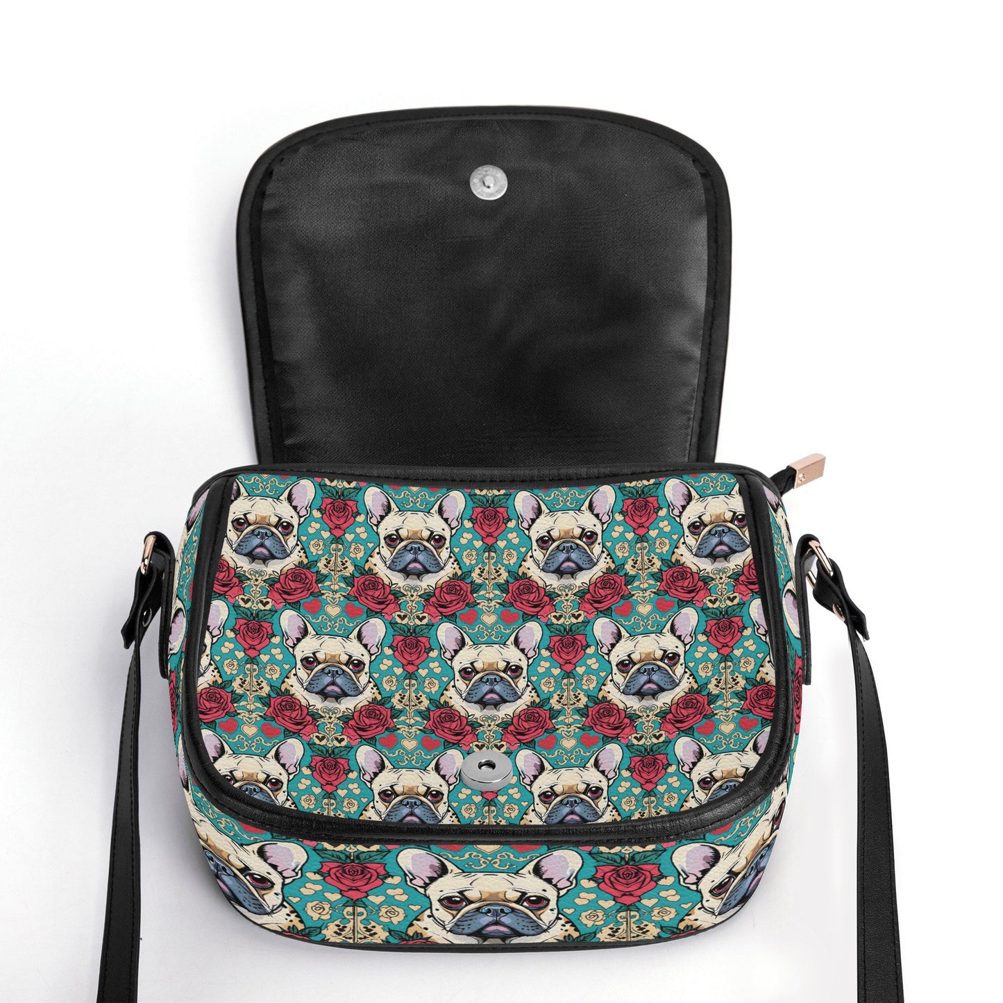 frenchie french bulldog PU Leather Saddle Bag with roses and hearts