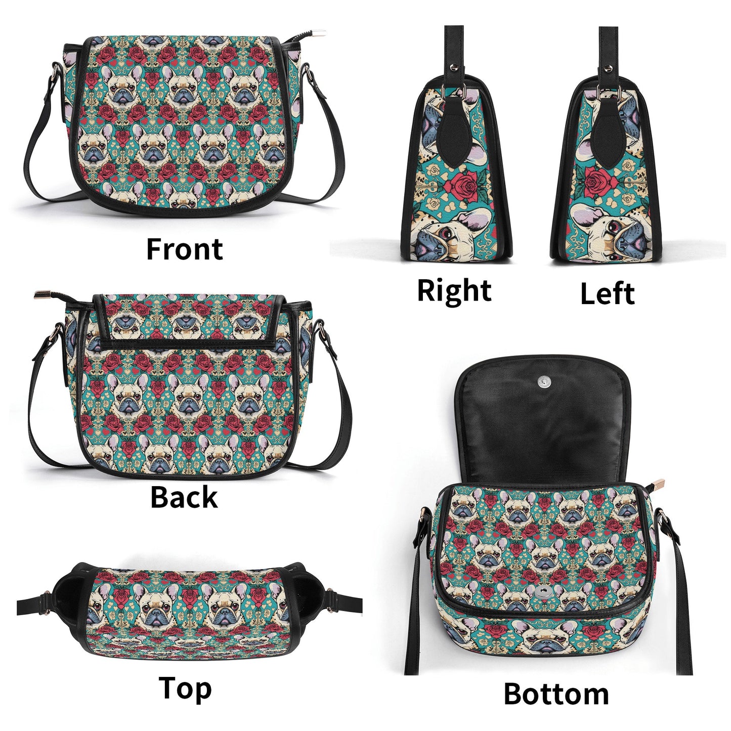 frenchie french bulldog PU Leather Saddle Bag with roses and hearts