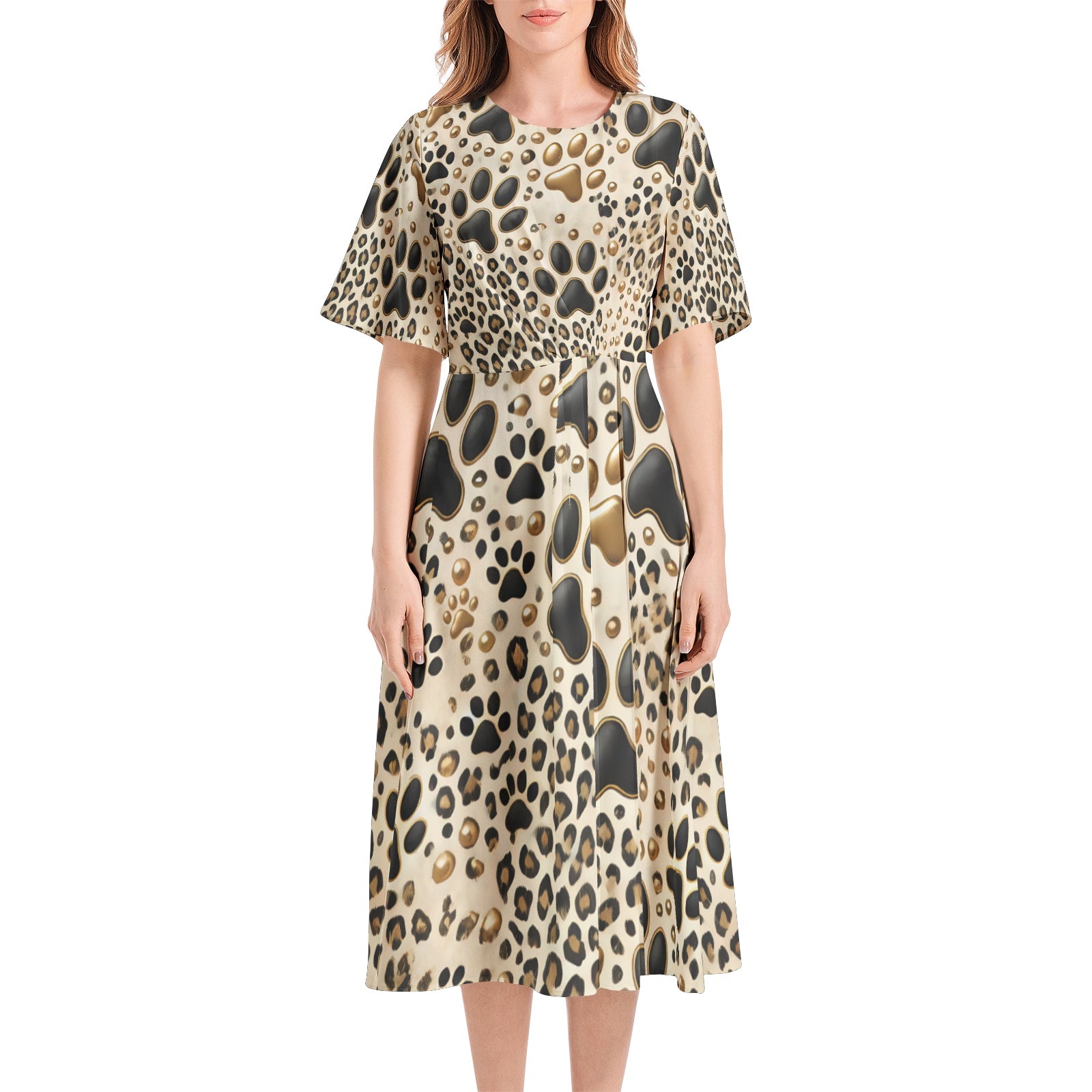 Paw Print Leopard Printed Short Sleeve Waist Folding Midi Dress Printy6