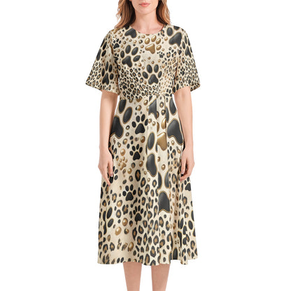 Paw Print Leopard Printed Short Sleeve Waist Folding Midi Dress Printy6