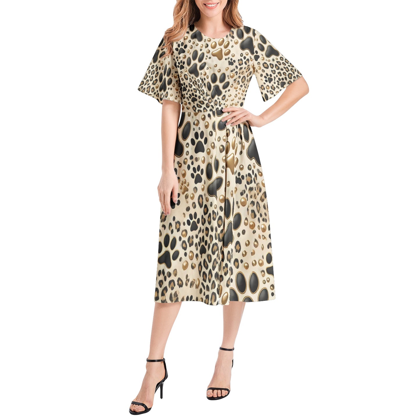 Paw Print Leopard Printed Short Sleeve Waist Folding Midi Dress Printy6