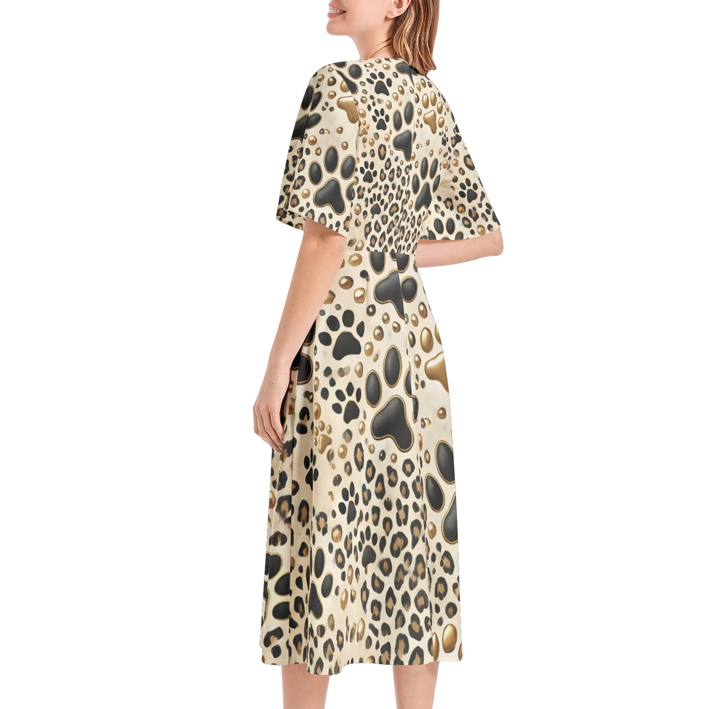 Paw Print Leopard Printed Short Sleeve Waist Folding Midi Dress Printy6