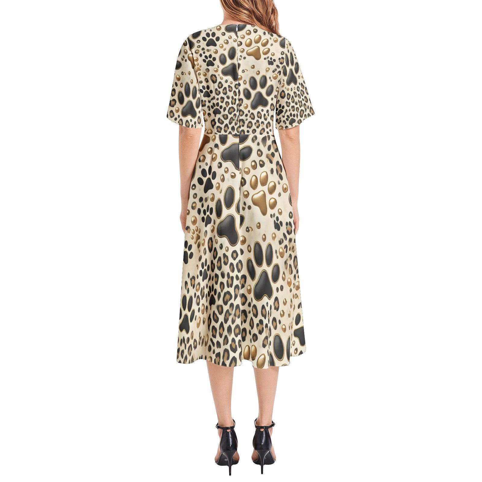 Paw Print Leopard Printed Short Sleeve Waist Folding Midi Dress Printy6