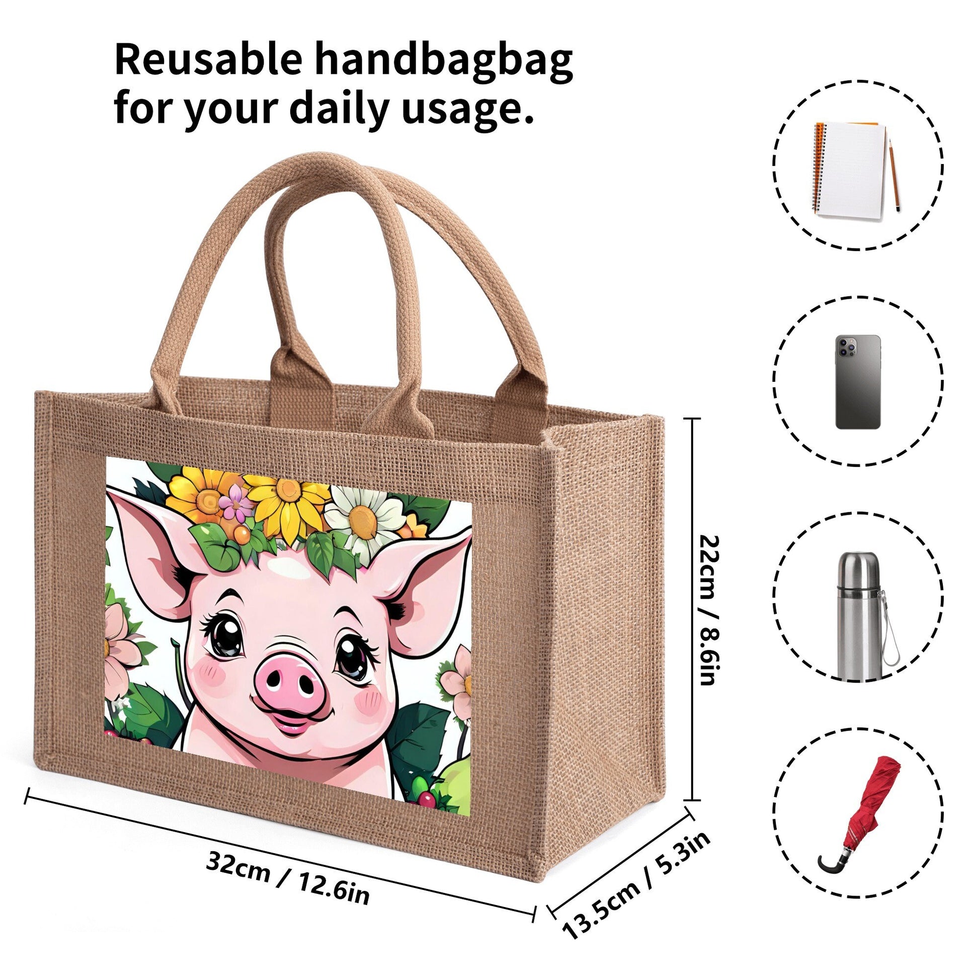 Pig Reusable Jute Burlap Tote Bags