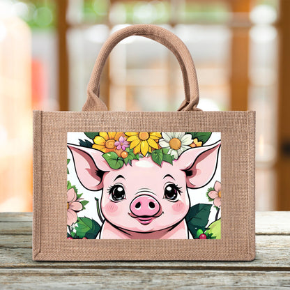 Pig Reusable Jute Burlap Tote Bags