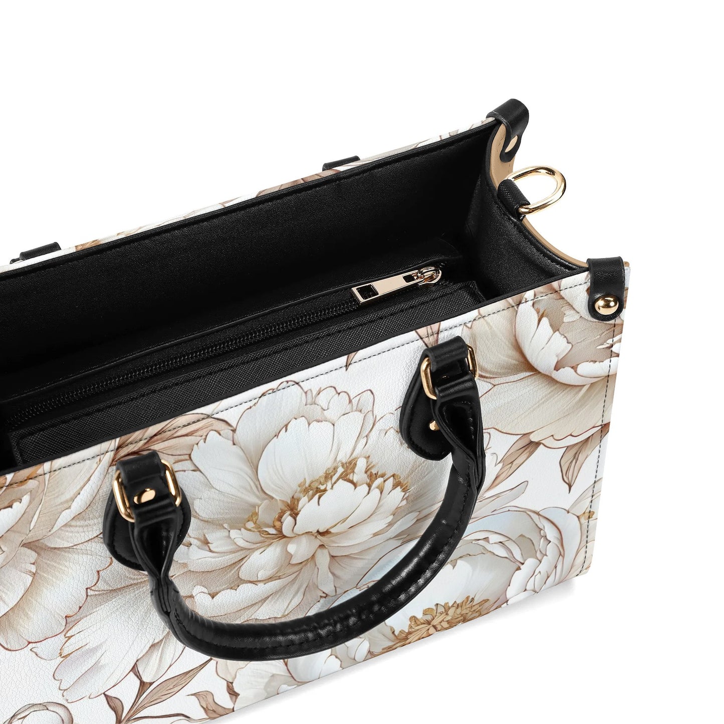 White and gold floral Women PU Leather Handbag, flower purse