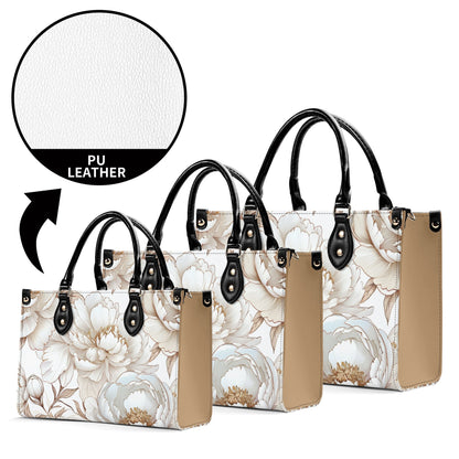 White and gold floral Women PU Leather Handbag, flower purse