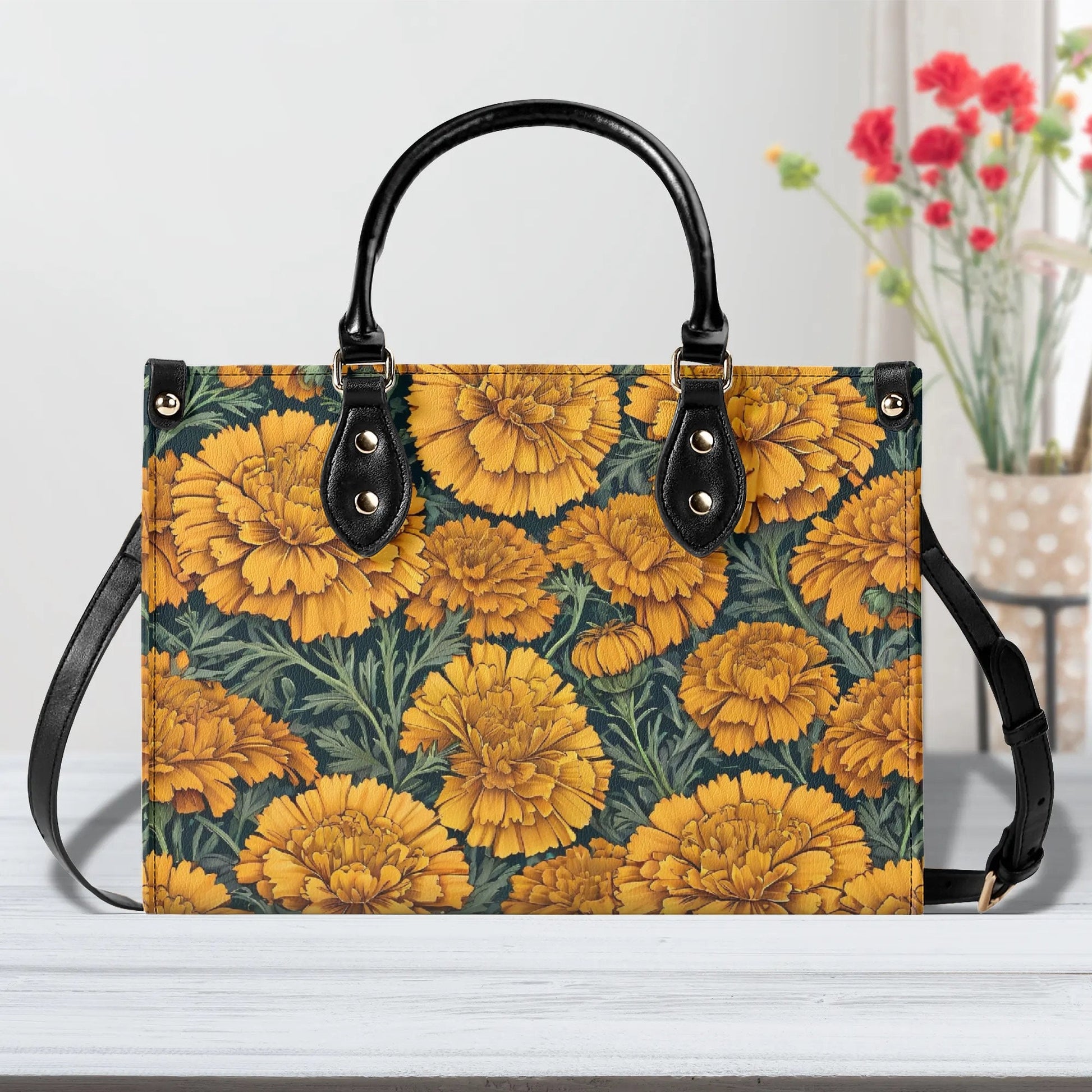 Marigold Women PU Leather Handbag, floral purse, marigold bag