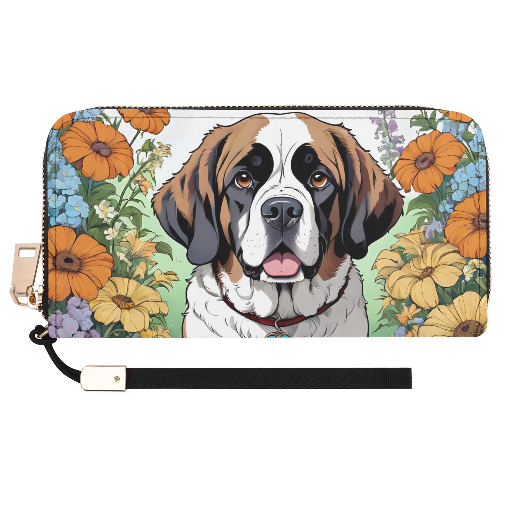 Saint Bernard Dog Leather Zipper Wristlet Wallet