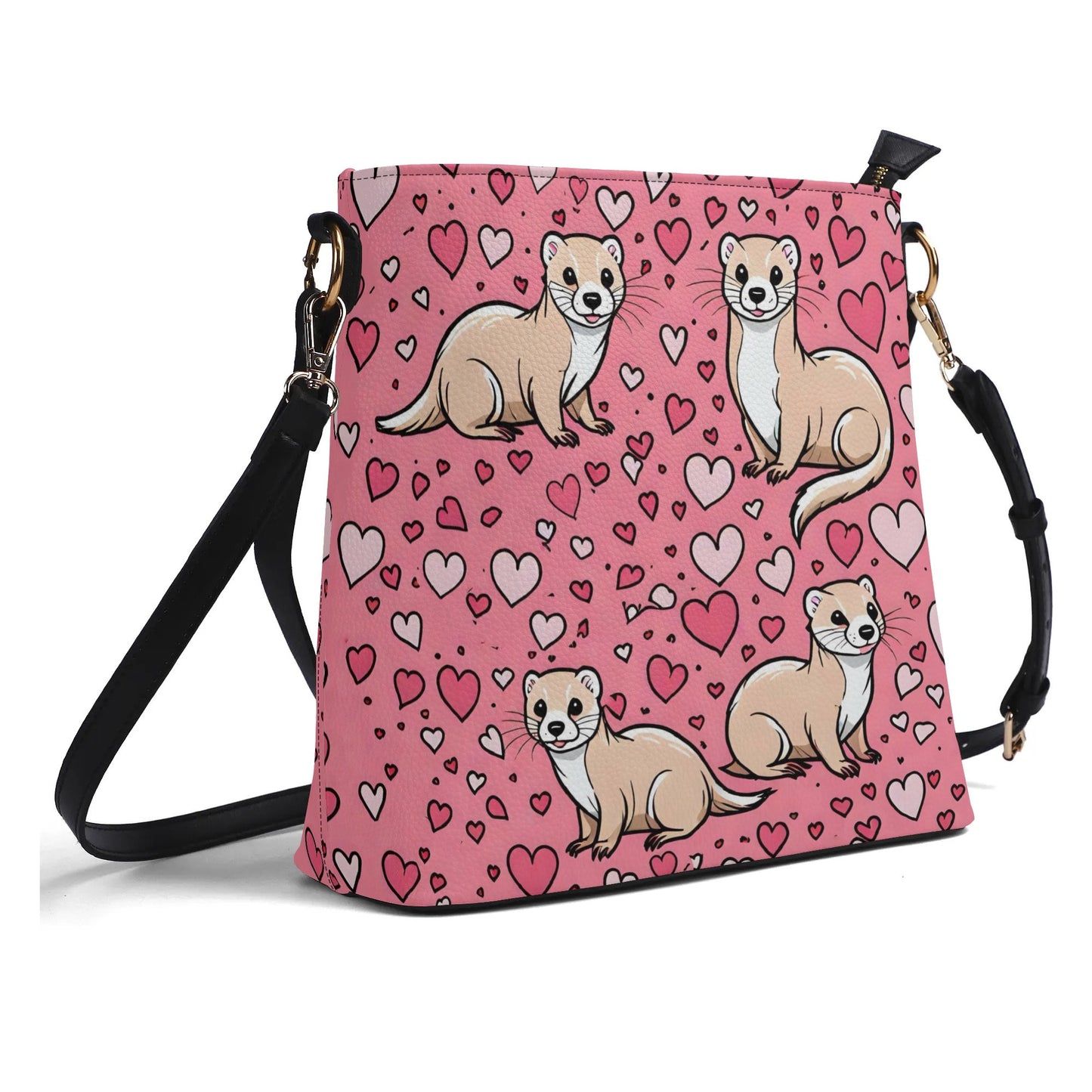 Ferret Pink Hearts Women's PU Bucket Bag Shoulder Bag