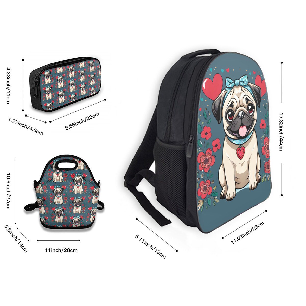 pug Backpack, Pug lunch bag, Pug pencil case for back to school