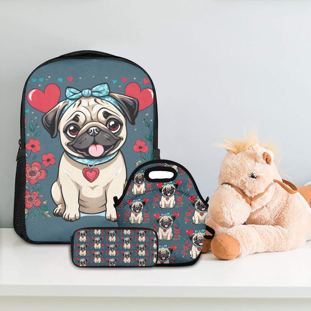 pug Backpack, Pug lunch bag, Pug pencil case for back to school