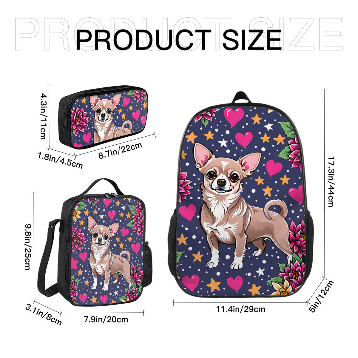 Chihuahua backpack, chihuahua lunch bag, chihuahua pencil case, school supplies