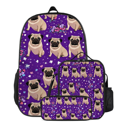 Purple Pug backpack, purple pug lunch bag, purple pug pencil case, school supplies