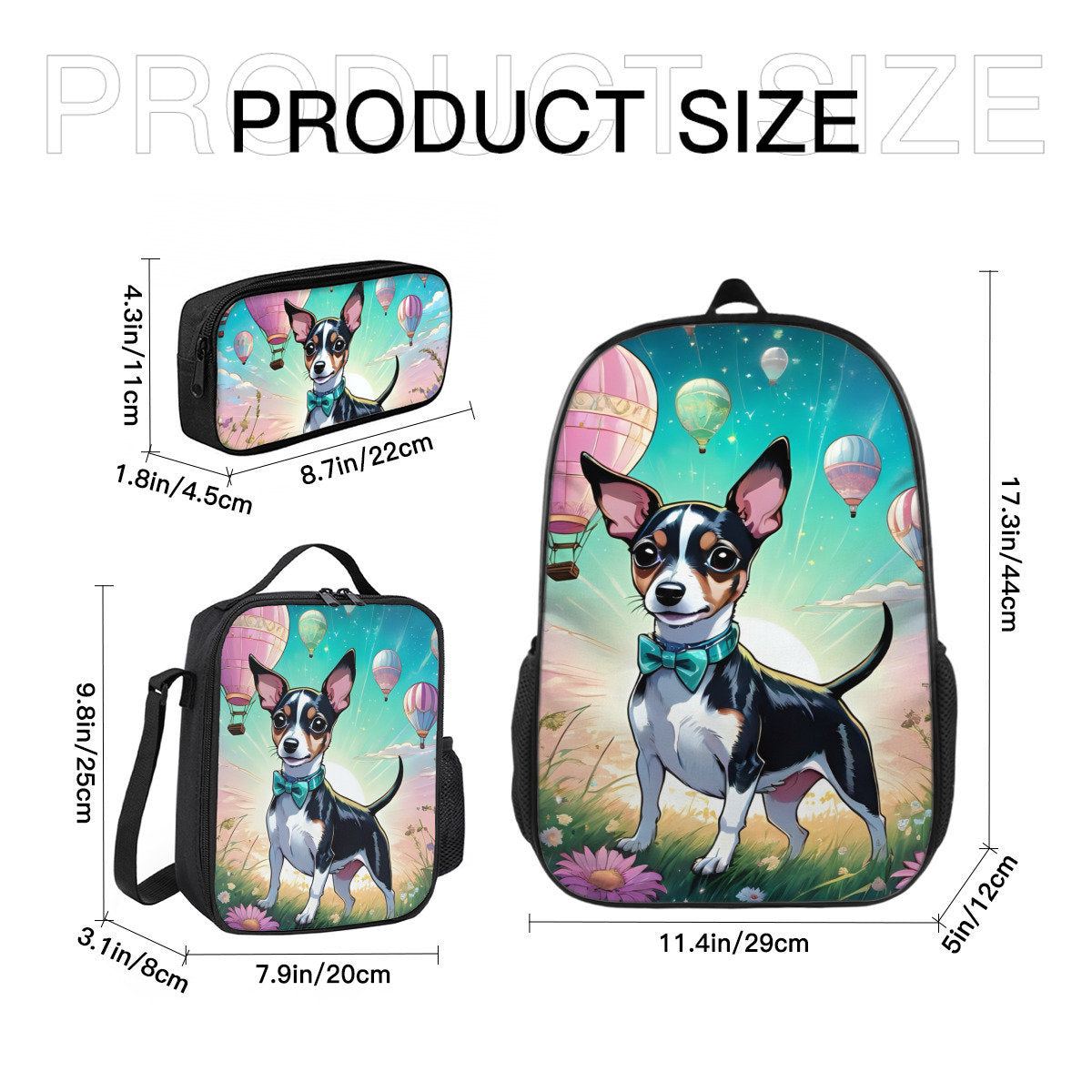 Rat terrier backpack, rat terrier lunch bag, rat terrier pencil case